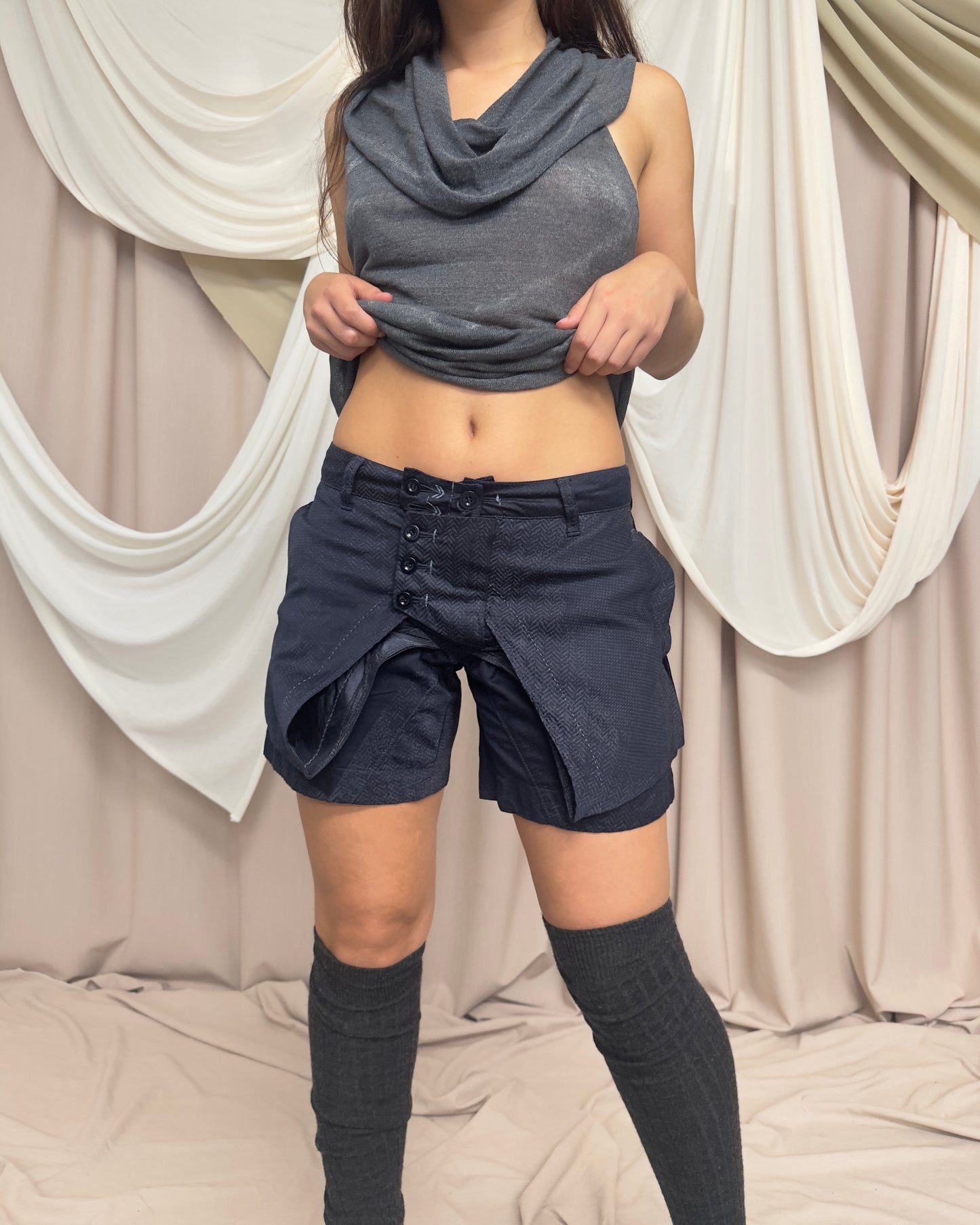 NAVY PATTERNED SHORTS WITH DECONSTRUCTED PANELS by Marithé + François Girbaud