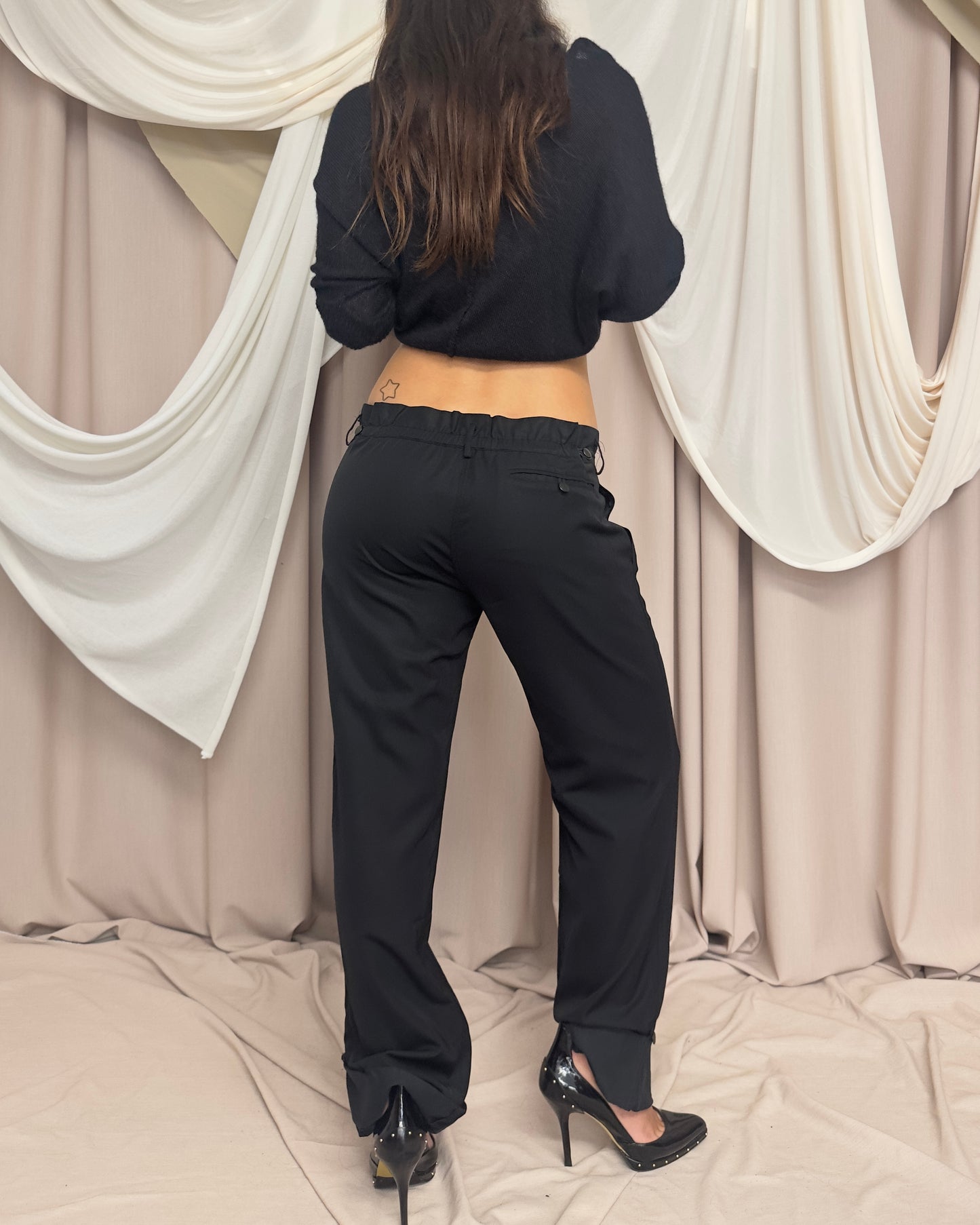 BLACK STRAIGHT LEG TROUSERS WITH LEATHER CLOSURE by Plein Sud