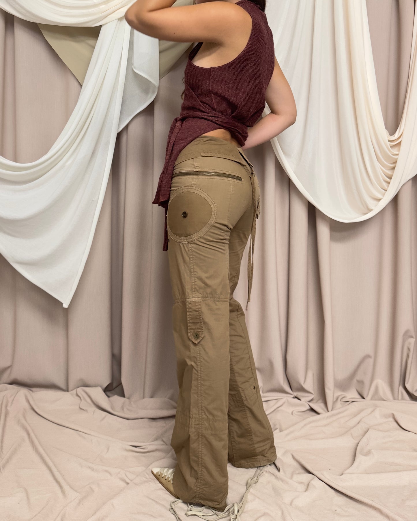 TAN STRAIGHT LEG TROUSERS WITH MILITARY STYLE DETAILS