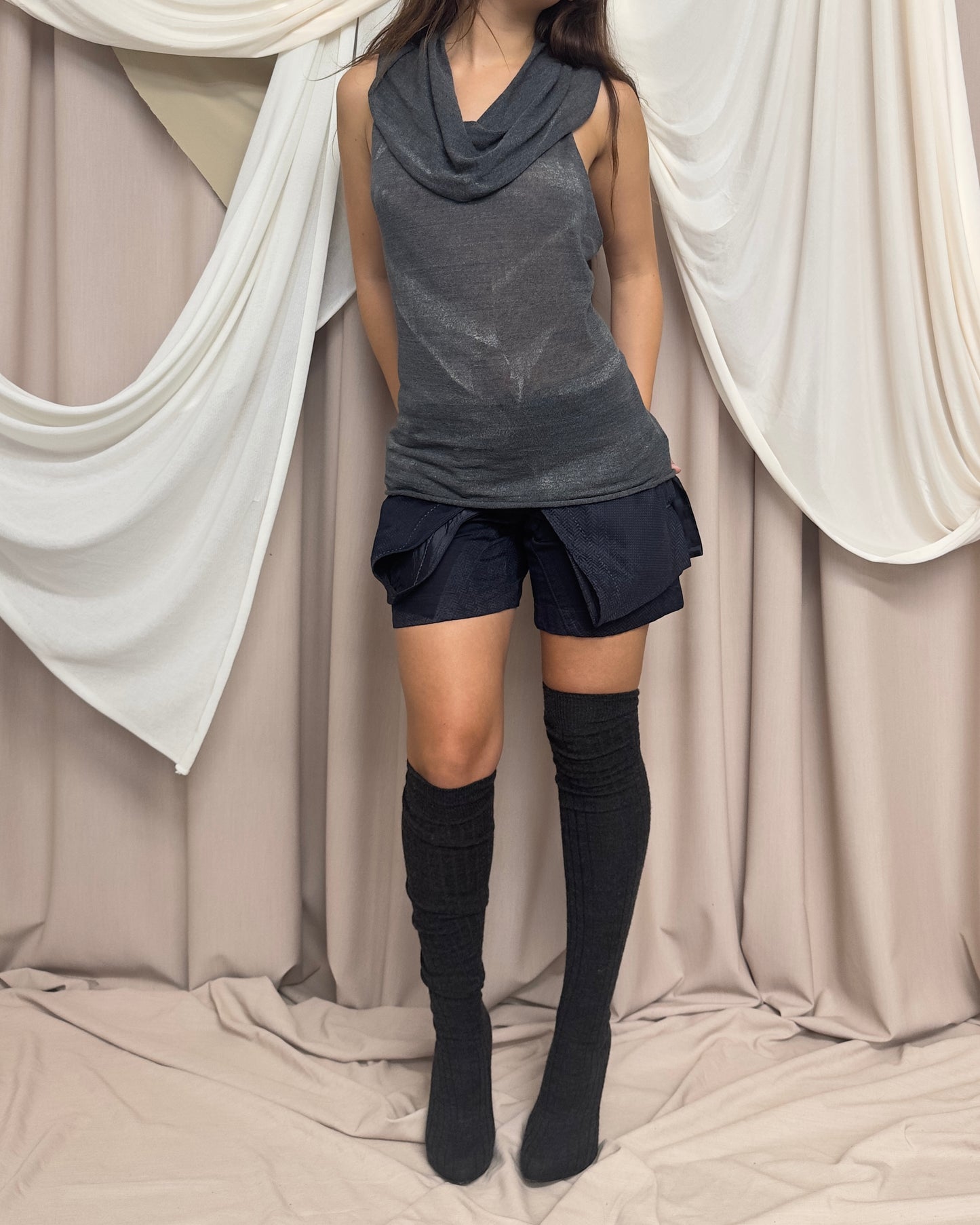NAVY PATTERNED SHORTS WITH DECONSTRUCTED PANELS by Marithé + François Girbaud