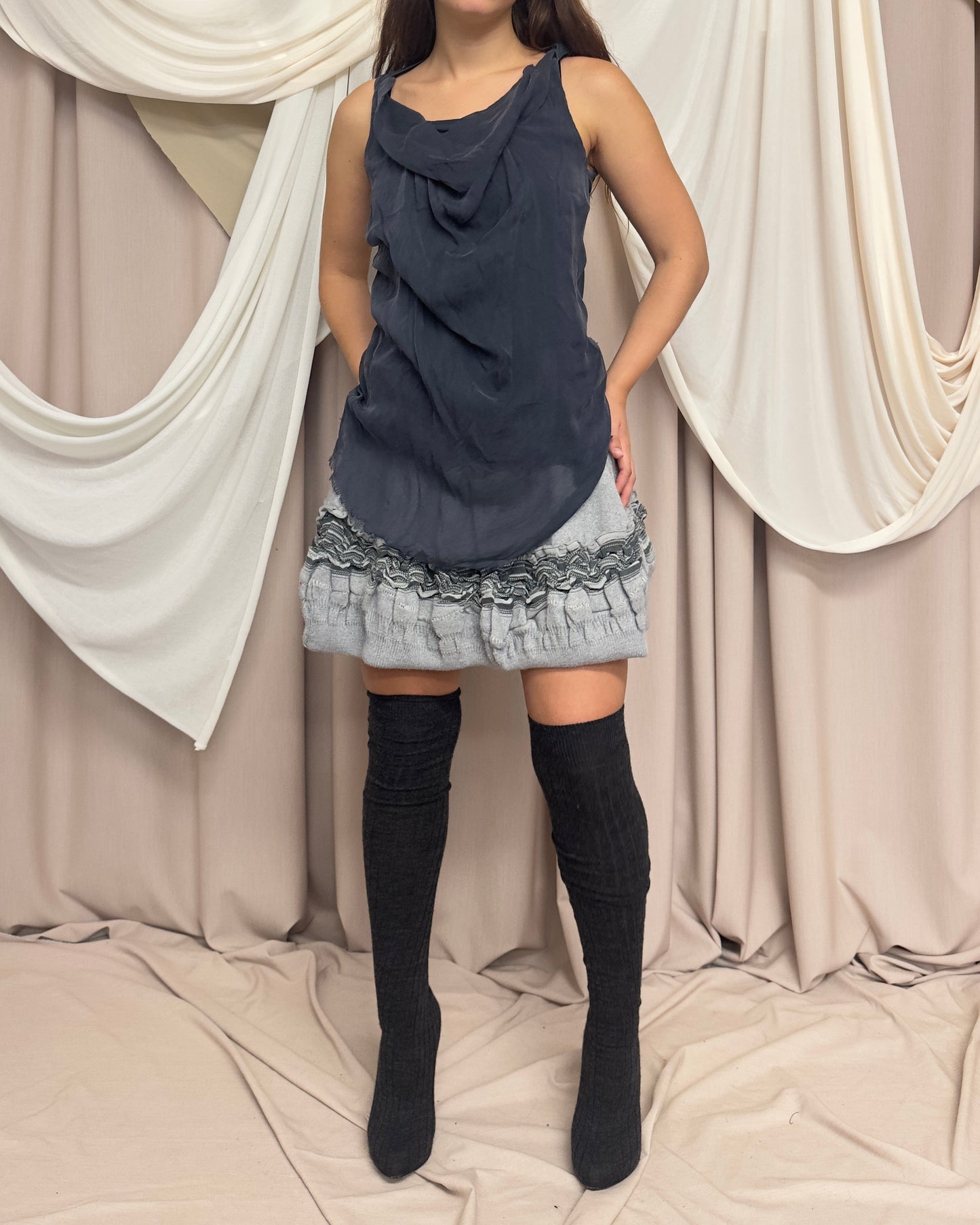 NAVY JERSEY VEST WITH DRAPED SILK FRONT PANEL