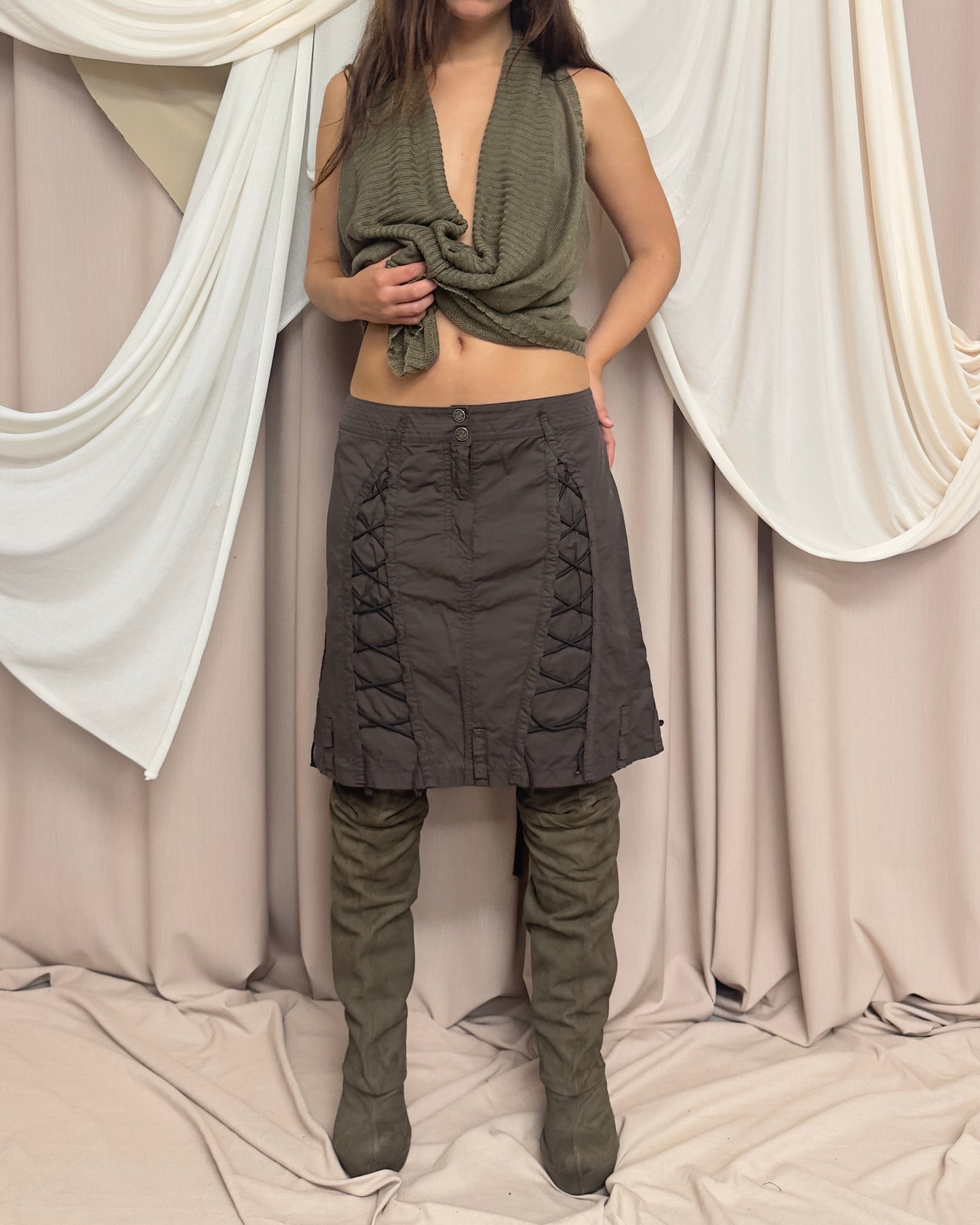 BROWN UTILITARIAN SKIRT WITH CORSET STYLE LACING