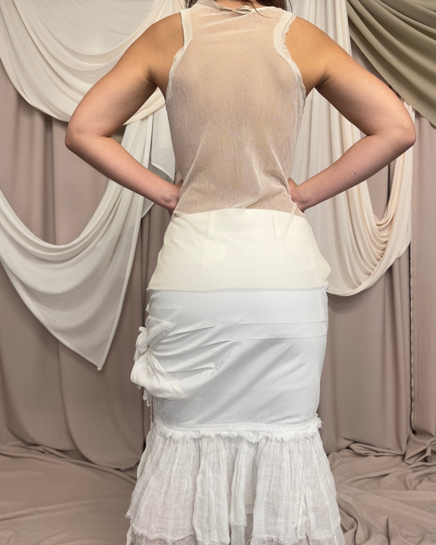 SHEER CREAM NET VEST WITH FLORAL APPLIQUÉ by Marithé + François Girbaud