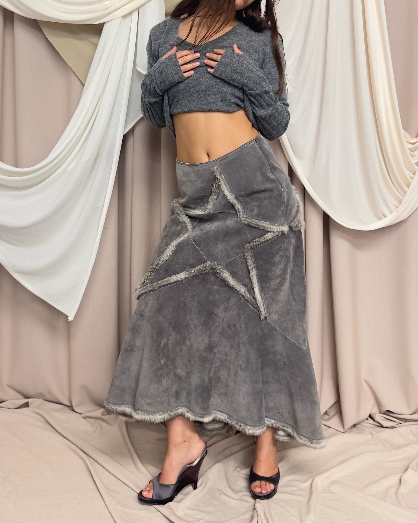SUEDE MAXI SKIRT WITH FUR STAR by Chine Collection