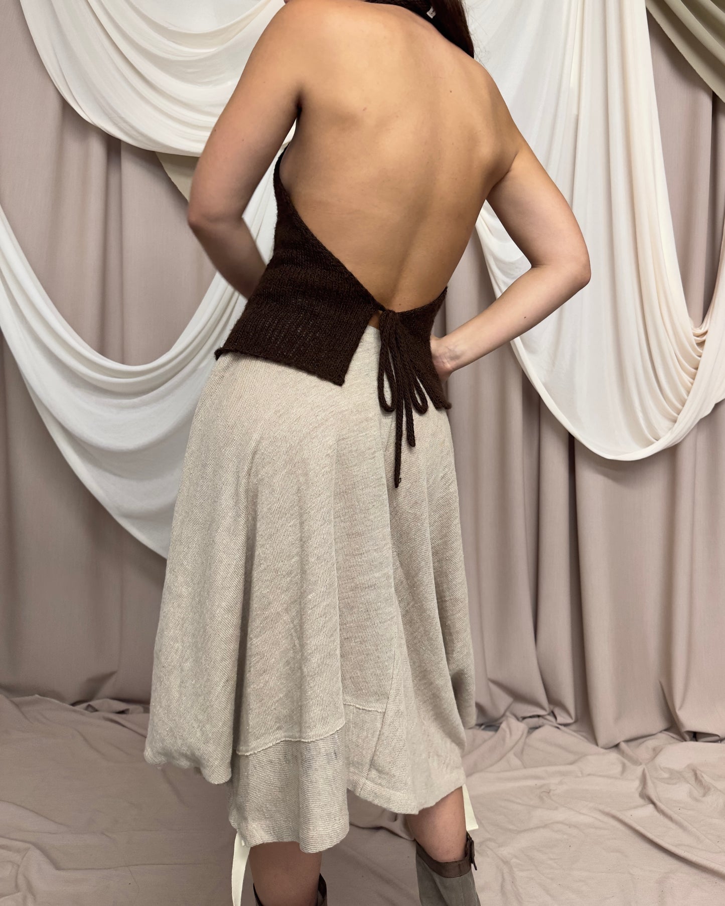 BROWN KNIT HALTER NECK TOP WITH OPEN BACK by Sarah Pacini
