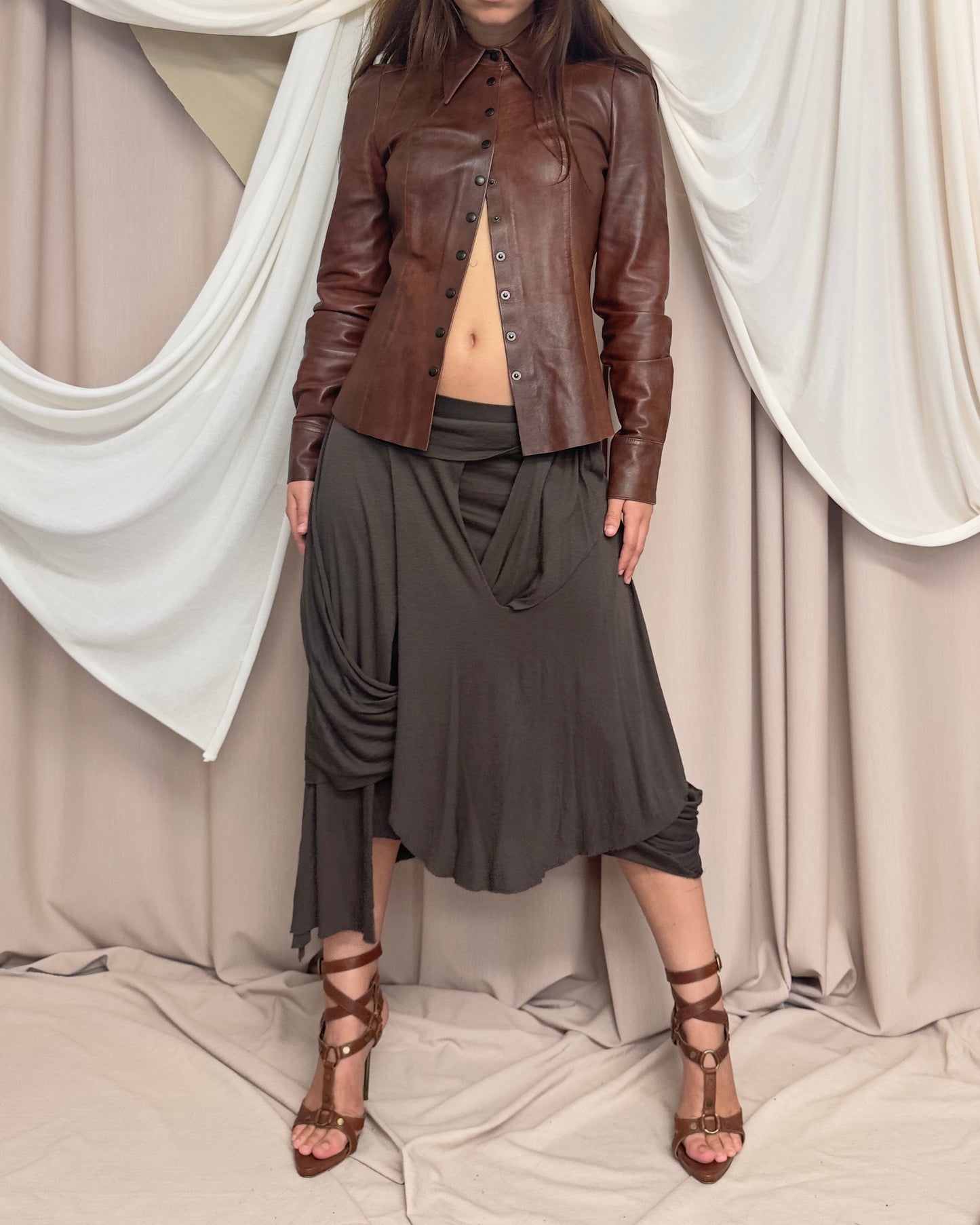 LEATHER SHIRT / JACKET WITH RAW CUT HEM AND POINTED COLLAR by Plein Sud