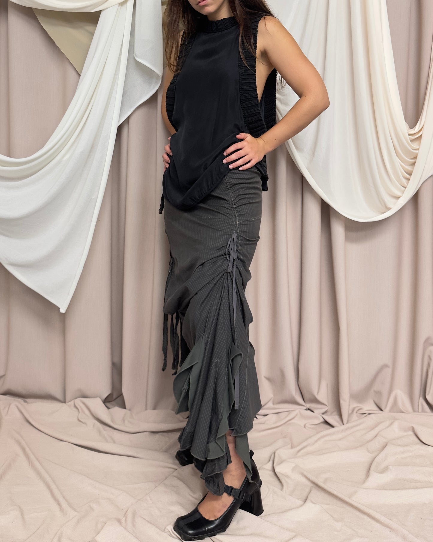 PINSTRIPED PANELLED MAXI SKIRT WITH DRAMATIC RUCHING by Marithé + François Girbaud