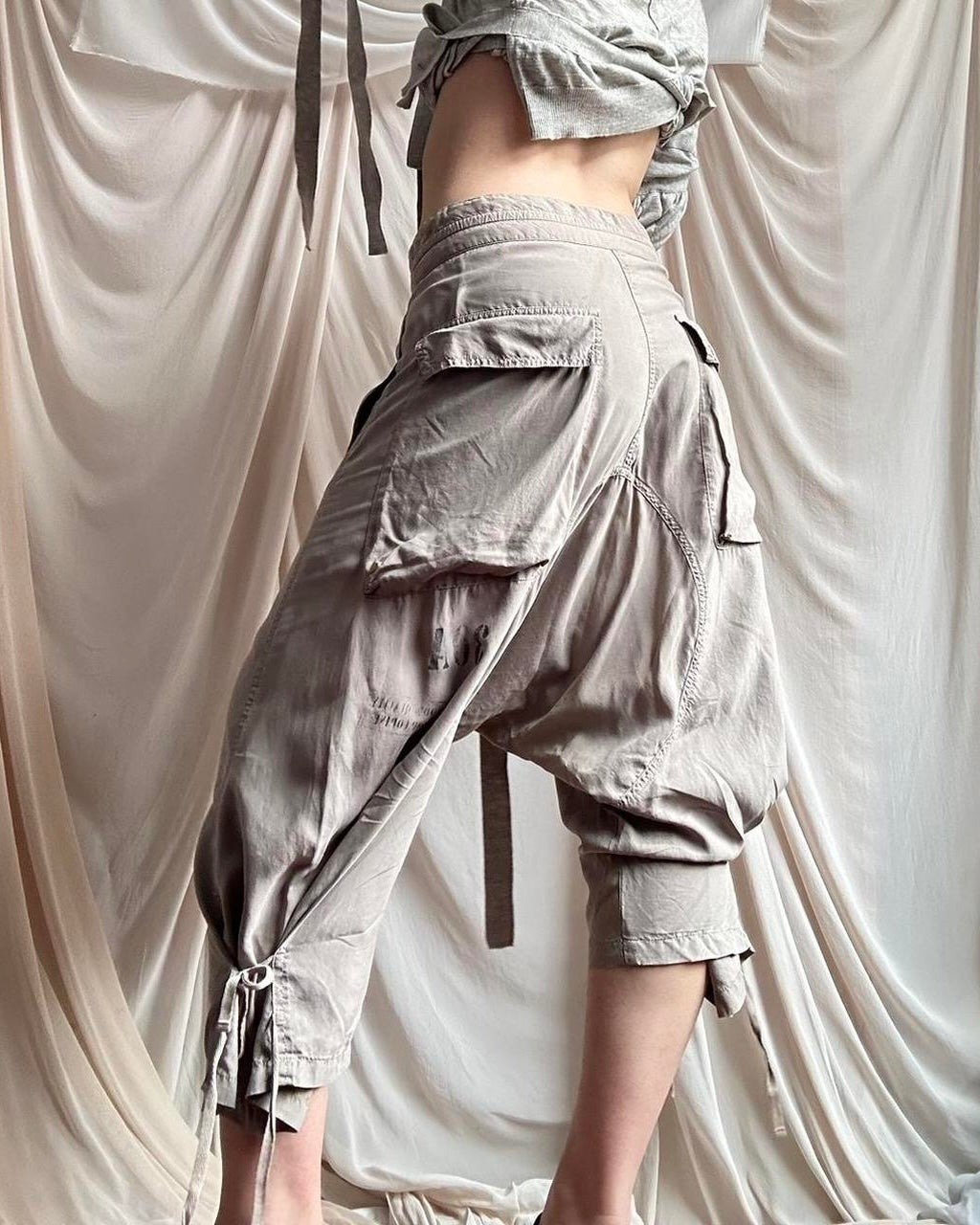 KHAKI - GREY DROP CROTCH TROUSERS WITH DRAWSTRING TIES by Cop Copine