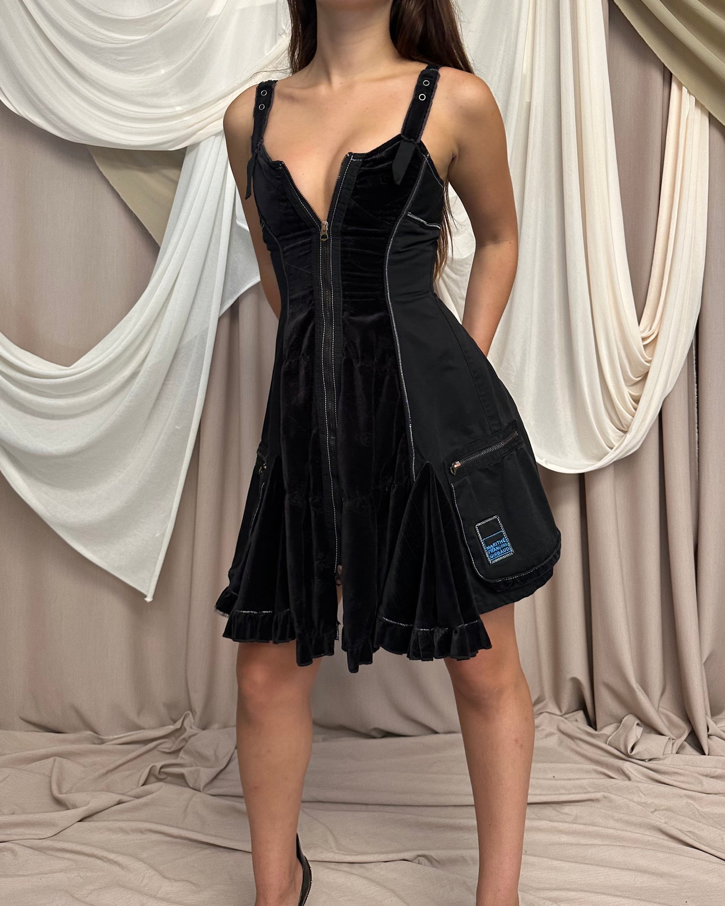 BI-MATERIAL FLARED MINI DRESS by Marithé + François Girbaud