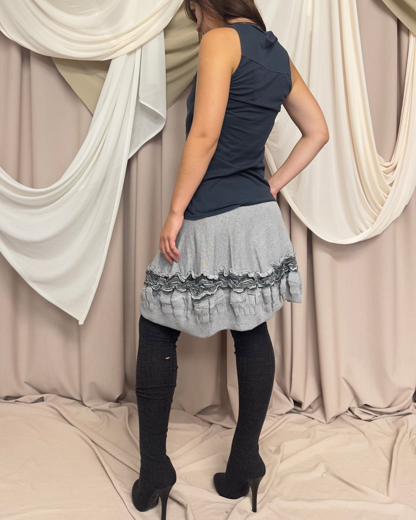 NAVY JERSEY VEST WITH DRAPED SILK FRONT PANEL