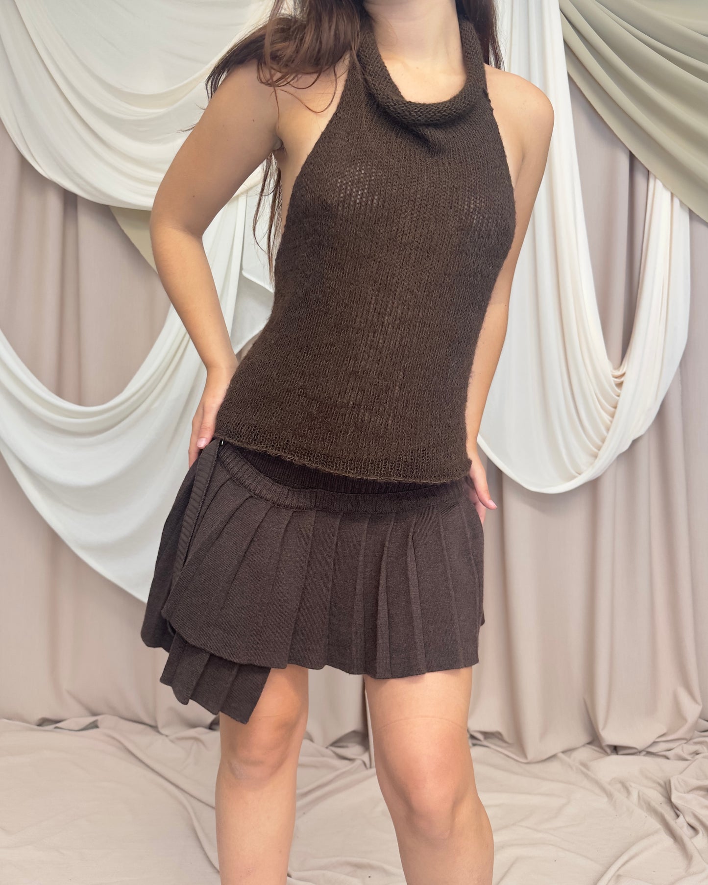 BROWN KNIT HALTER NECK TOP WITH OPEN BACK by Sarah Pacini