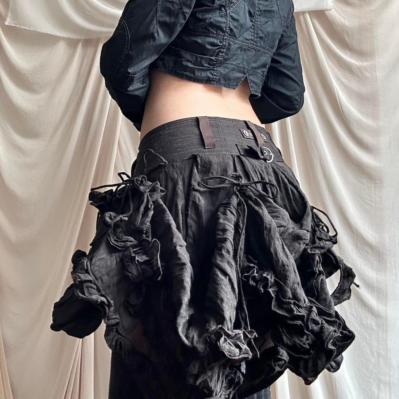 DARK BROWN METAL BLEND SKIRT WITH RUCHED DECONSTRUCTED DETAIL by Marithé + François Girbaud