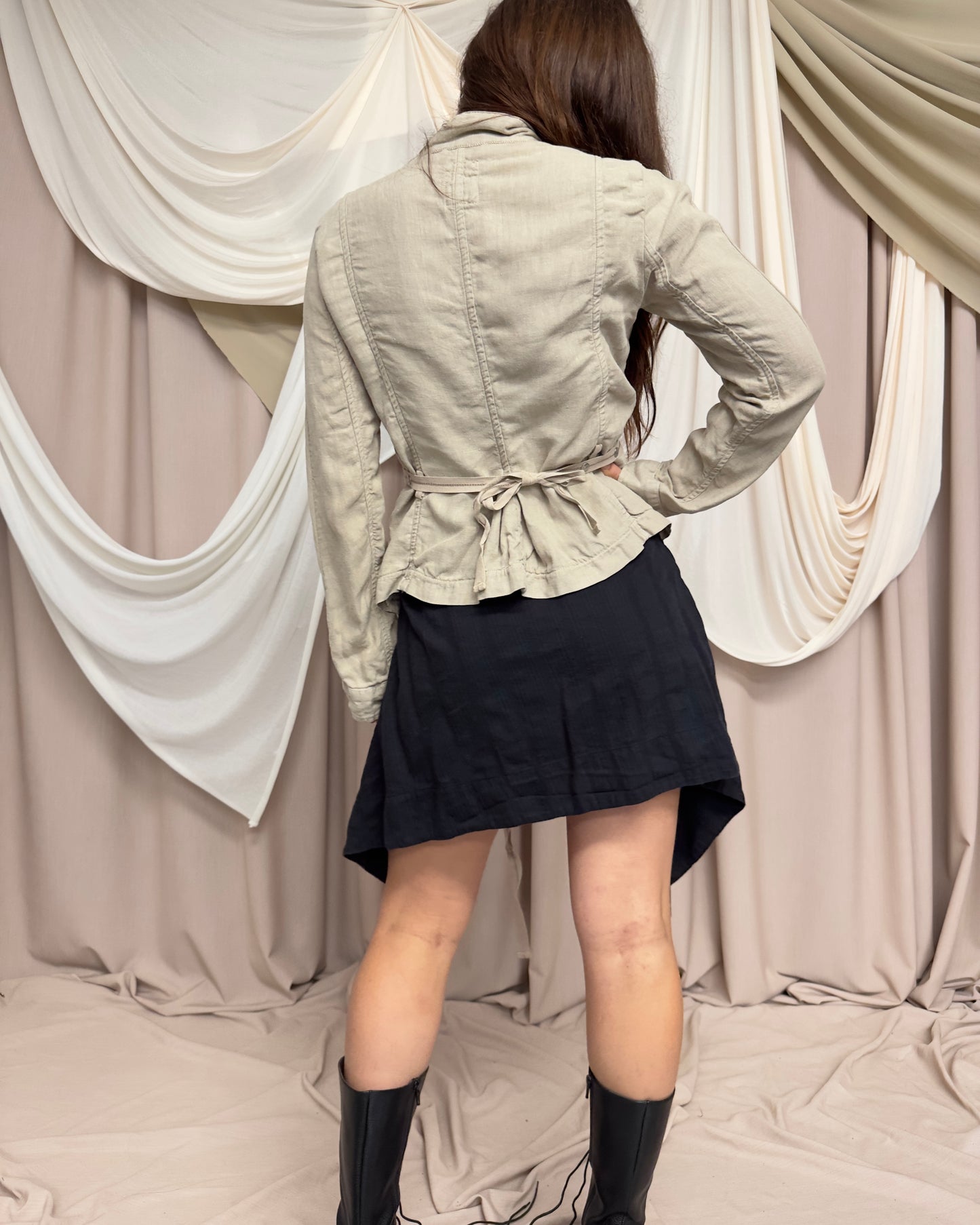 BEIGE LINEN LIGHTWEIGHT JACKET WITH ASYMMETRICAL HEM AND UTILITARIAN STRAPS by Marithé + François Girbaud