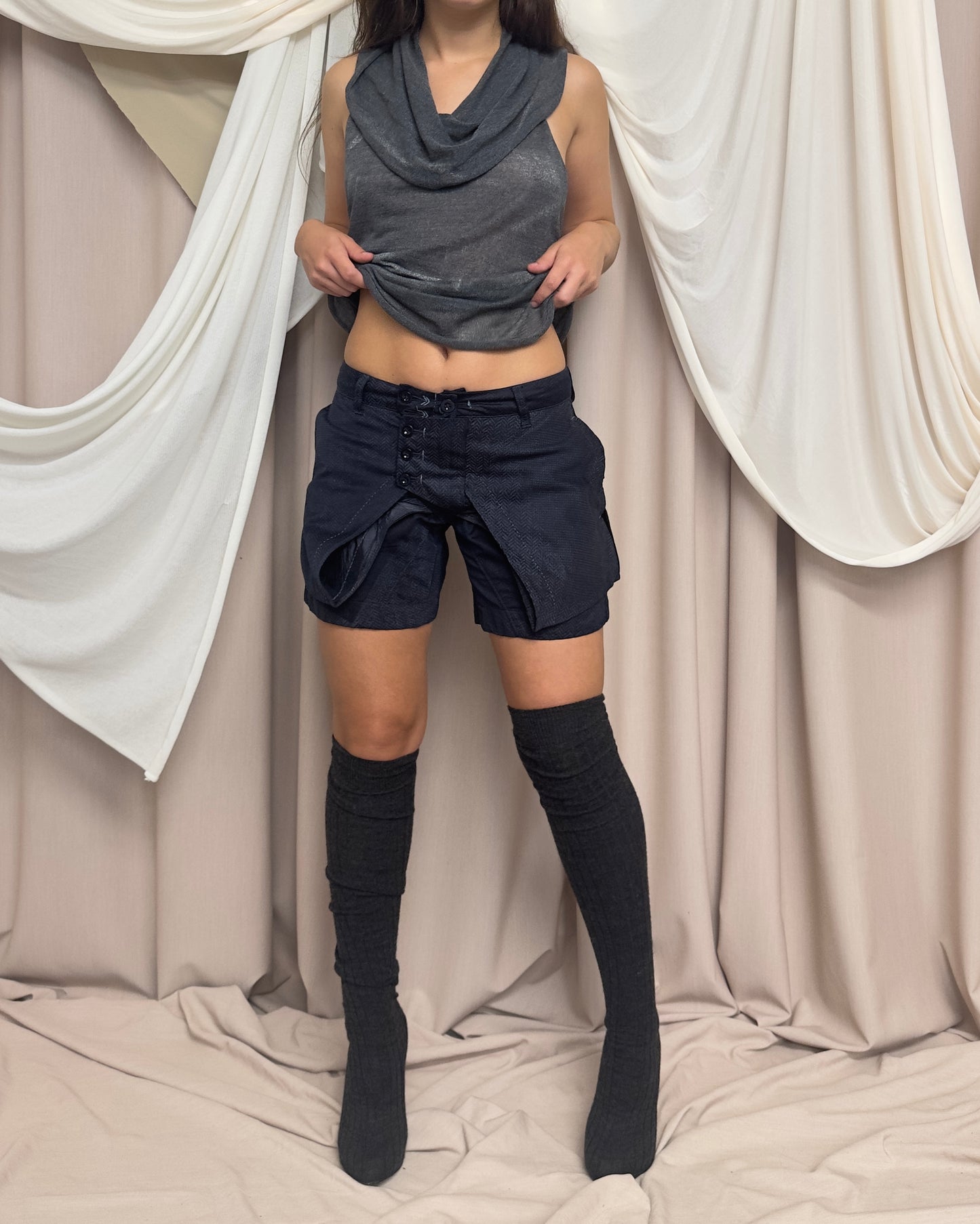 NAVY PATTERNED SHORTS WITH DECONSTRUCTED PANELS by Marithé + François Girbaud