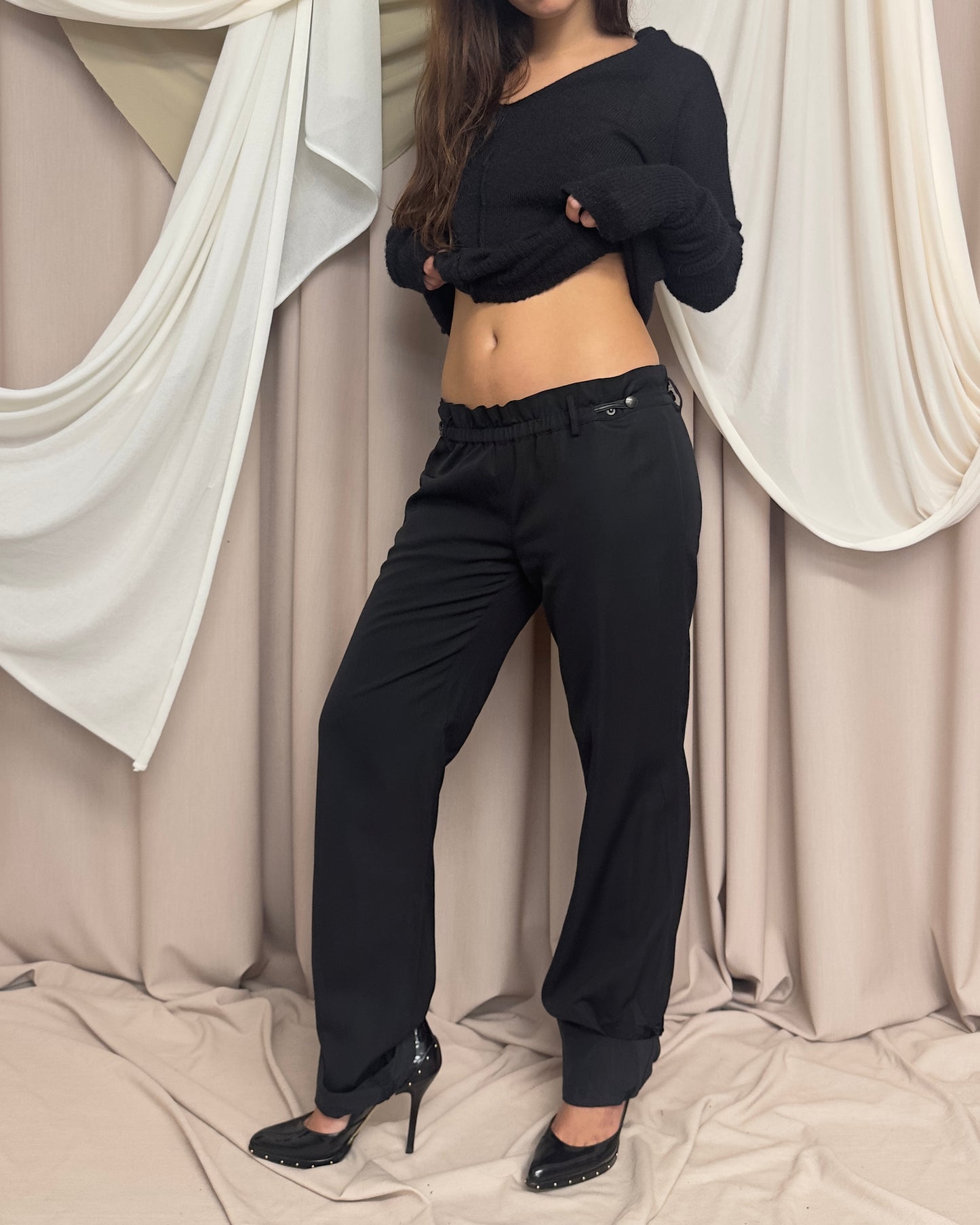 BLACK STRAIGHT LEG TROUSERS WITH LEATHER CLOSURE by Plein Sud