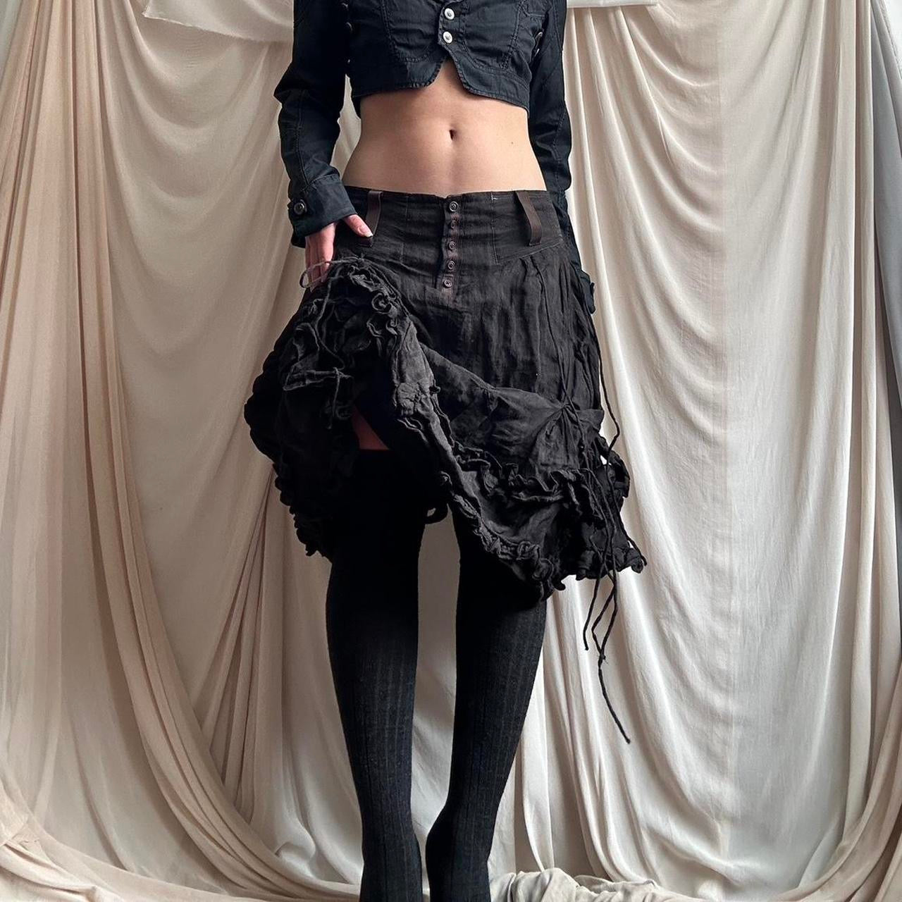 DARK BROWN METAL BLEND SKIRT WITH RUCHED DECONSTRUCTED DETAIL by Marithé + François Girbaud