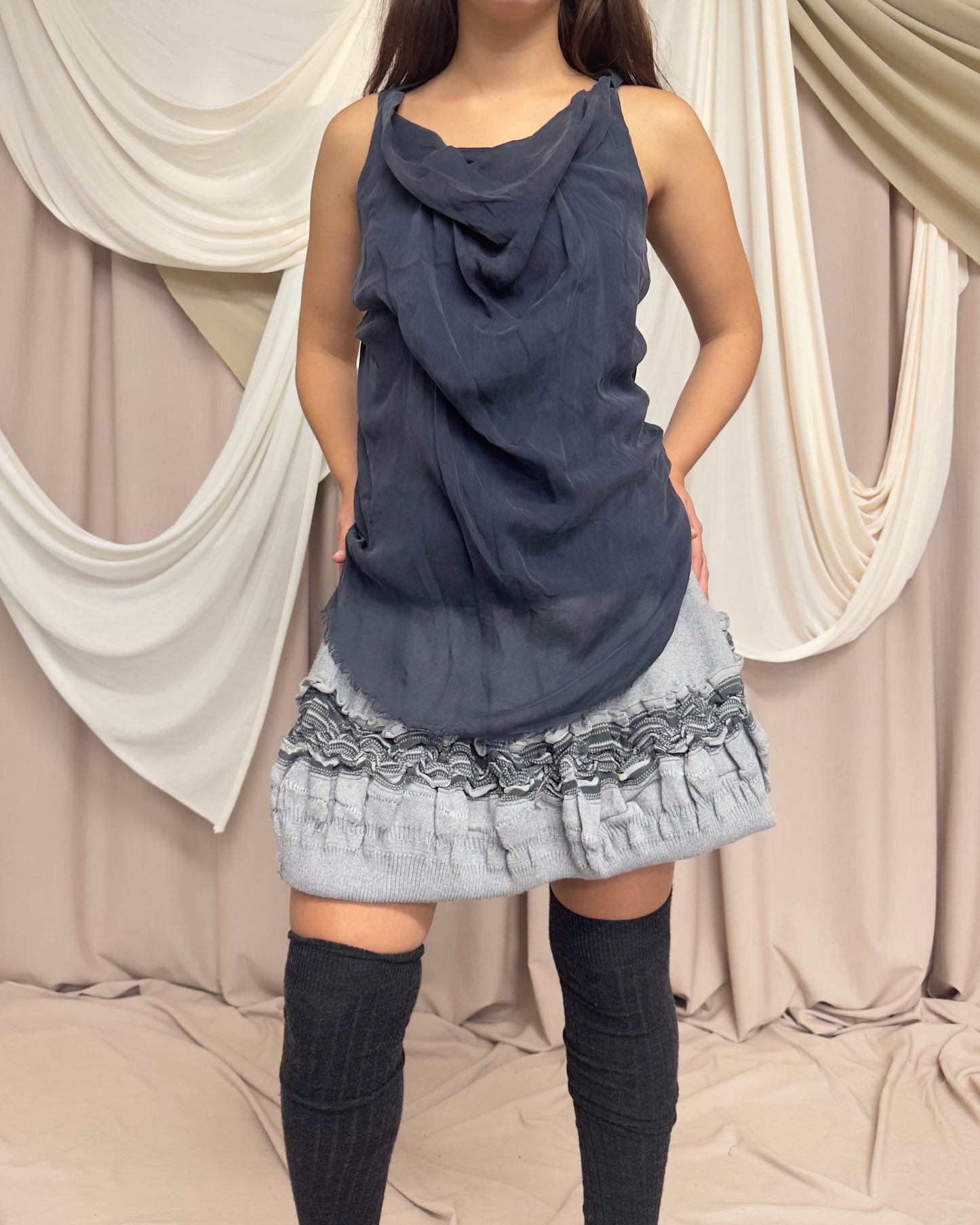 NAVY JERSEY VEST WITH DRAPED SILK FRONT PANEL