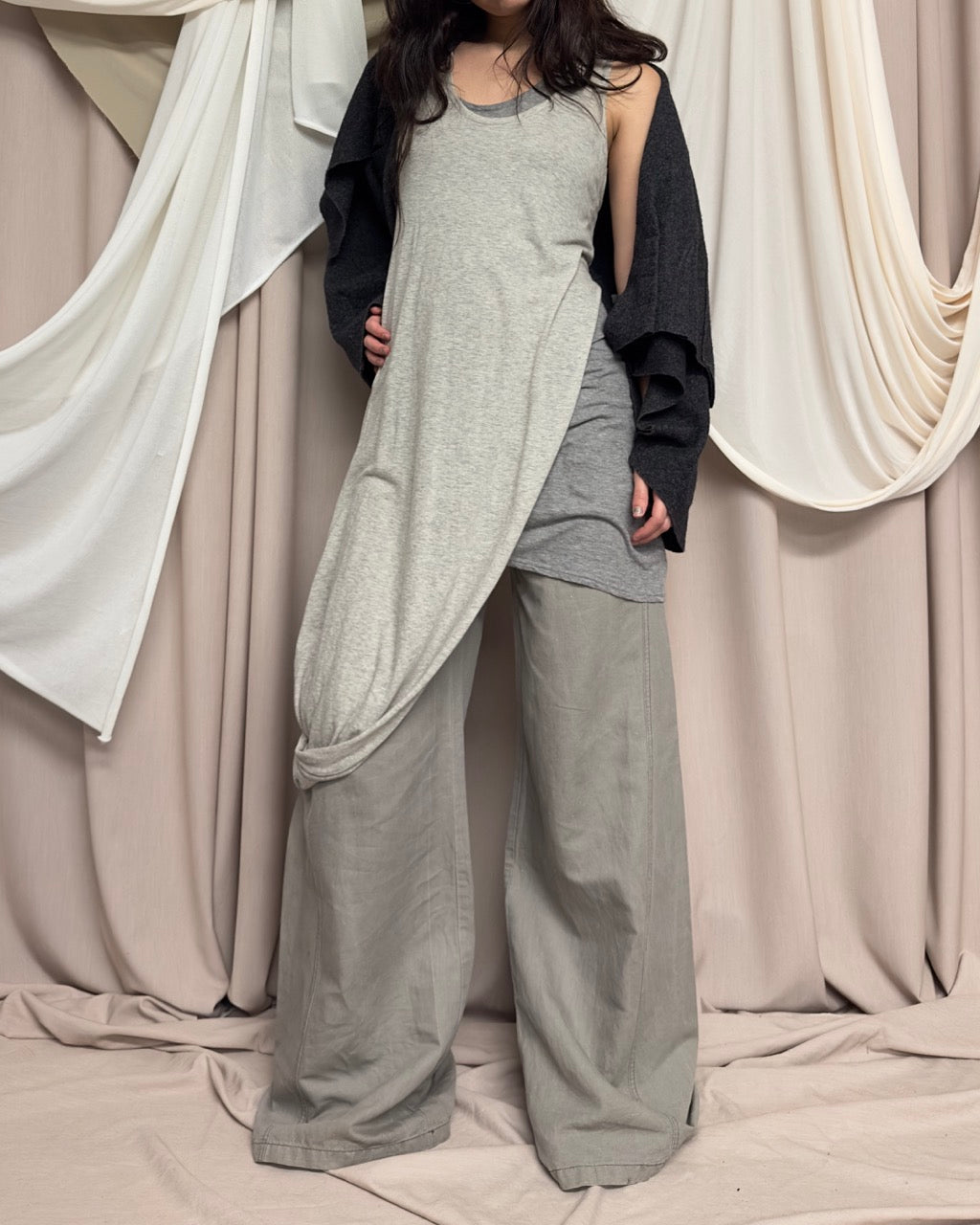GREY LAYERED ASYMMETRICAL TANK TOP DRESS by Y’s by Yohji Yamamoto