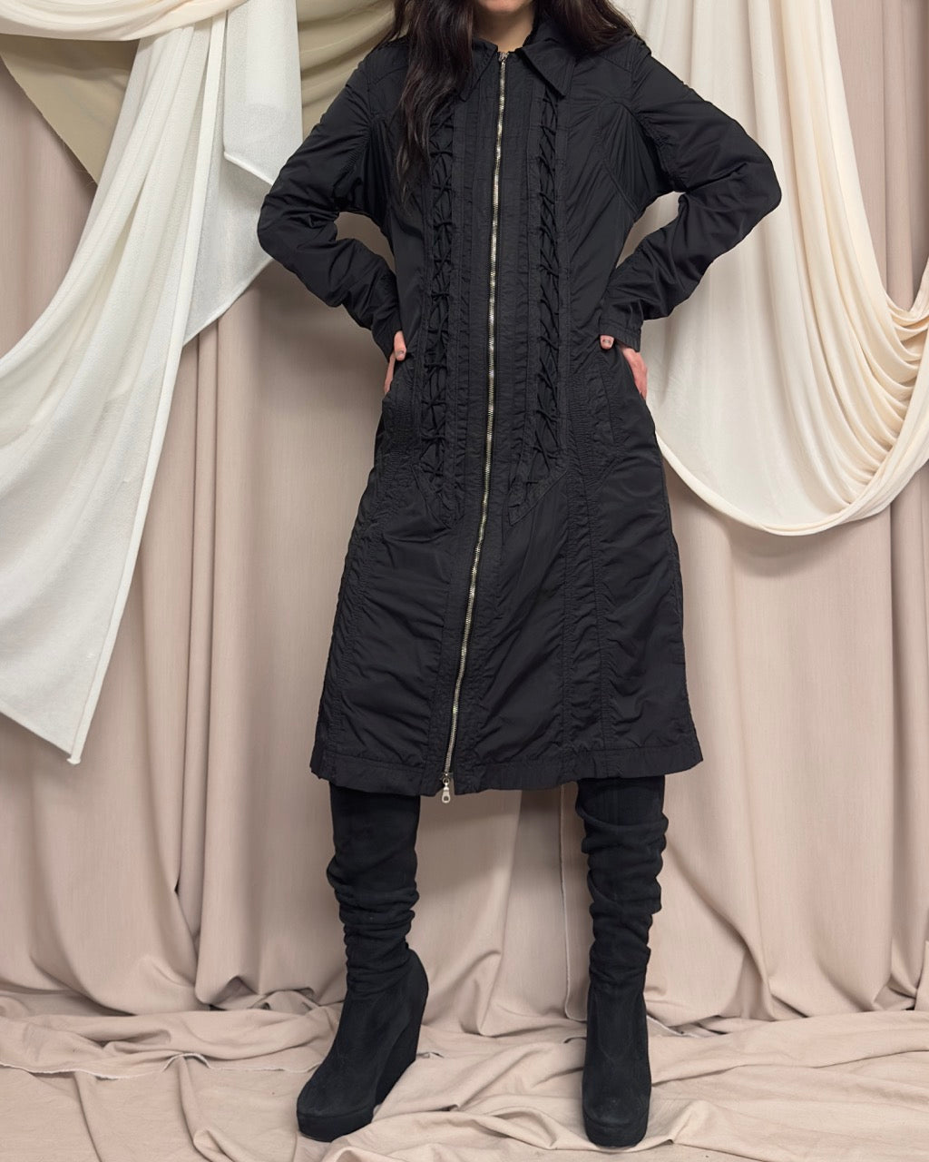 BLACK UTILITARIAN MAXI COAT WITH CORSET LACING