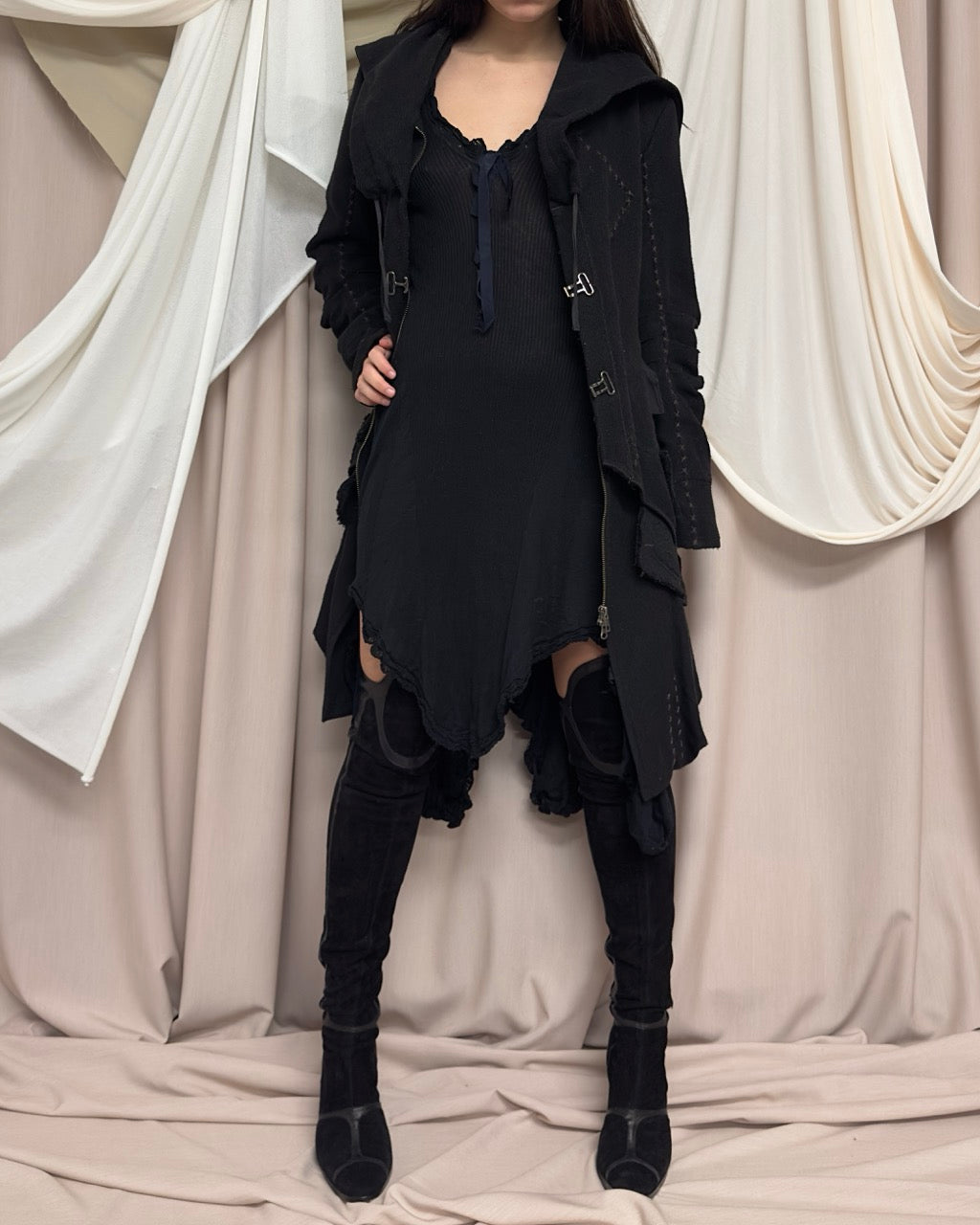 BLACK SEMI SHEER COTTON KNIT DRESS by HIGH