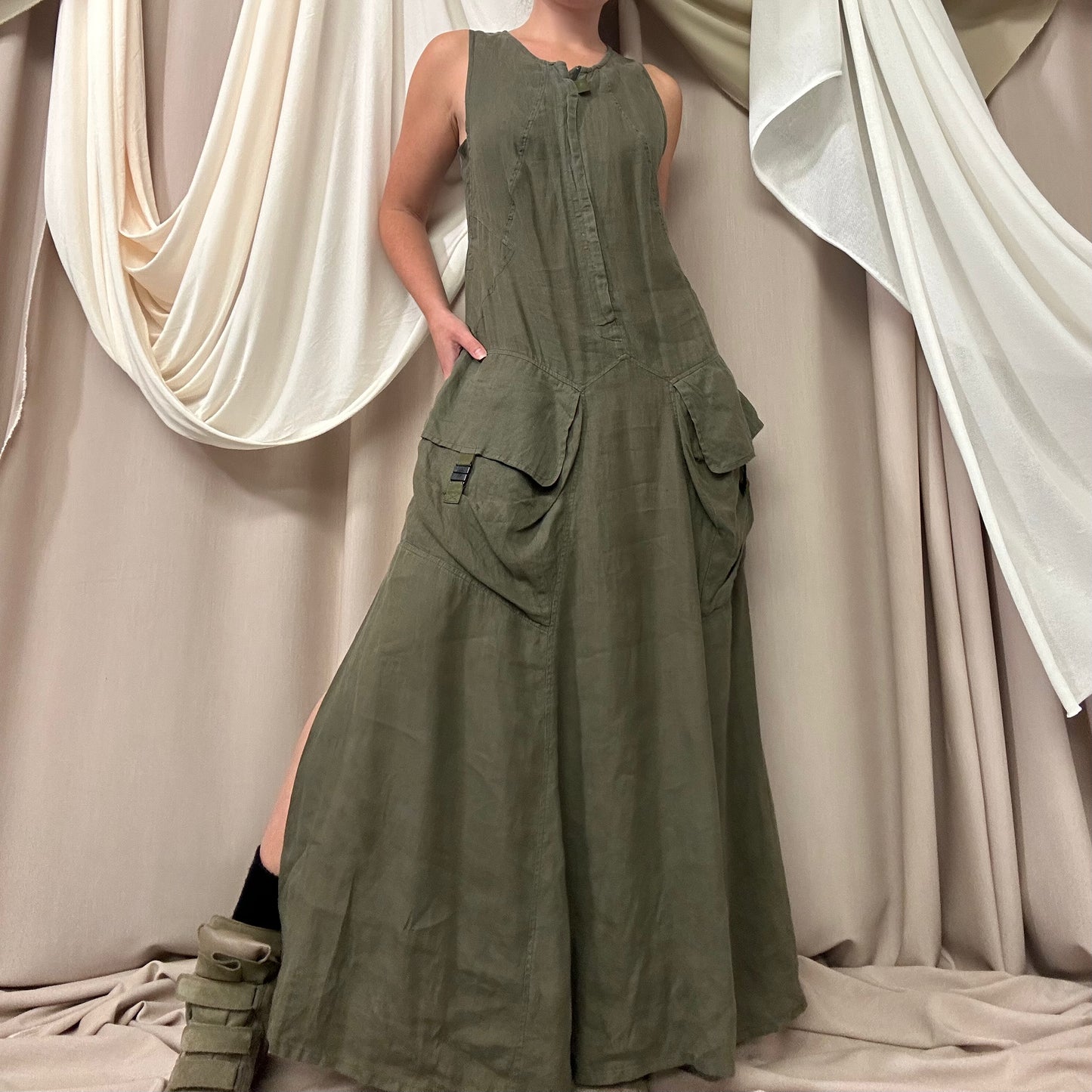 KHAKI LINEN CARGO MAXI DRESS by Marithé + François Girbaud