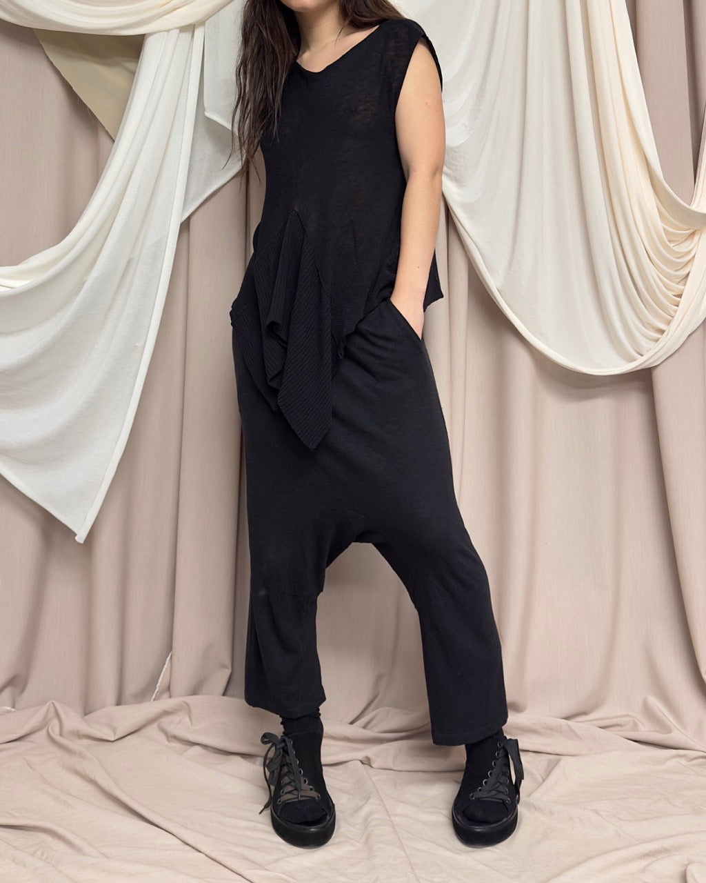 BLACK SHEER KNIT T SHIRT by Sarah Pacini