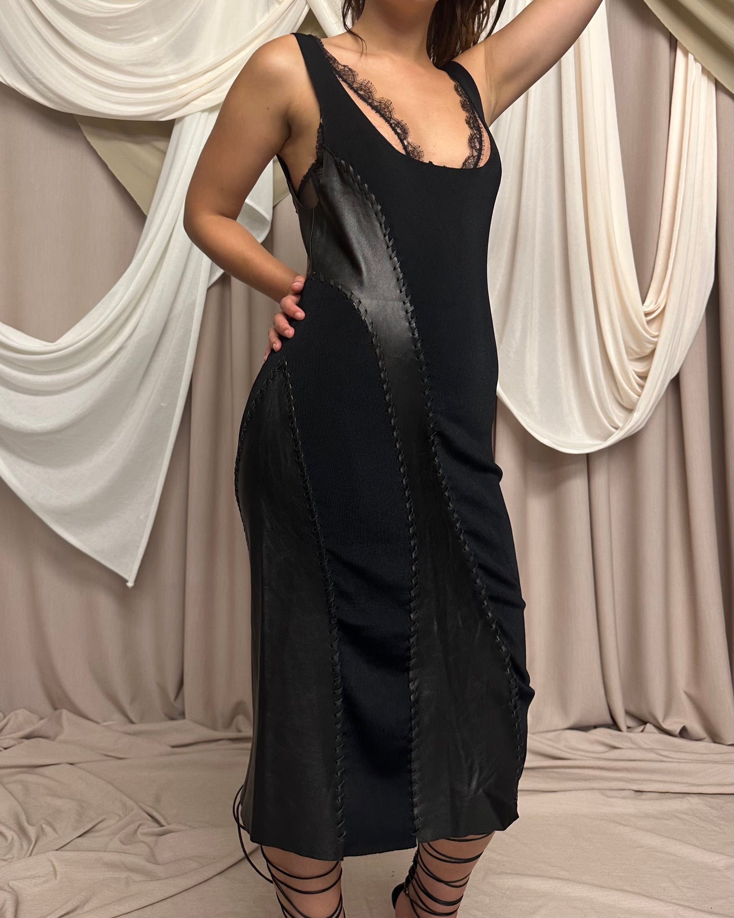 BI-MATERIAL KNIT MAXI DRESS WITH LEATHER PANELS by Plein Sud