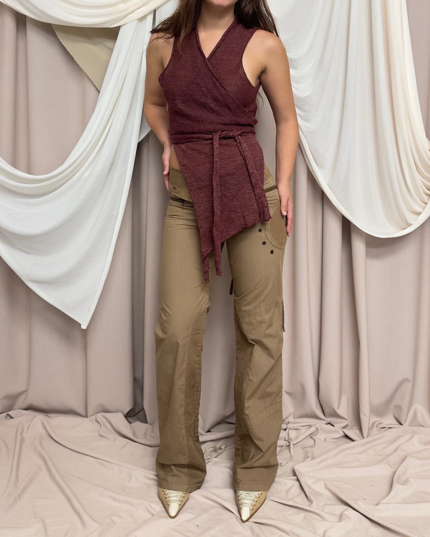 TAN STRAIGHT LEG TROUSERS WITH MILITARY STYLE DETAILS
