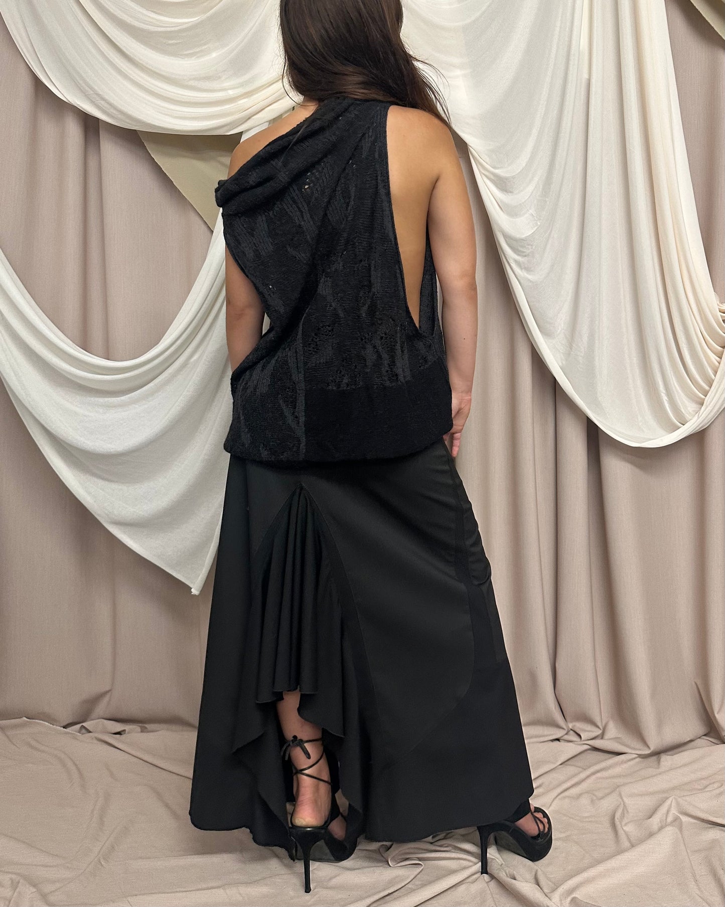 TAILORED MAXI SKIRT WITH DRAMATIC INNER LEG RUFFLE by Marithé + François Girbaud