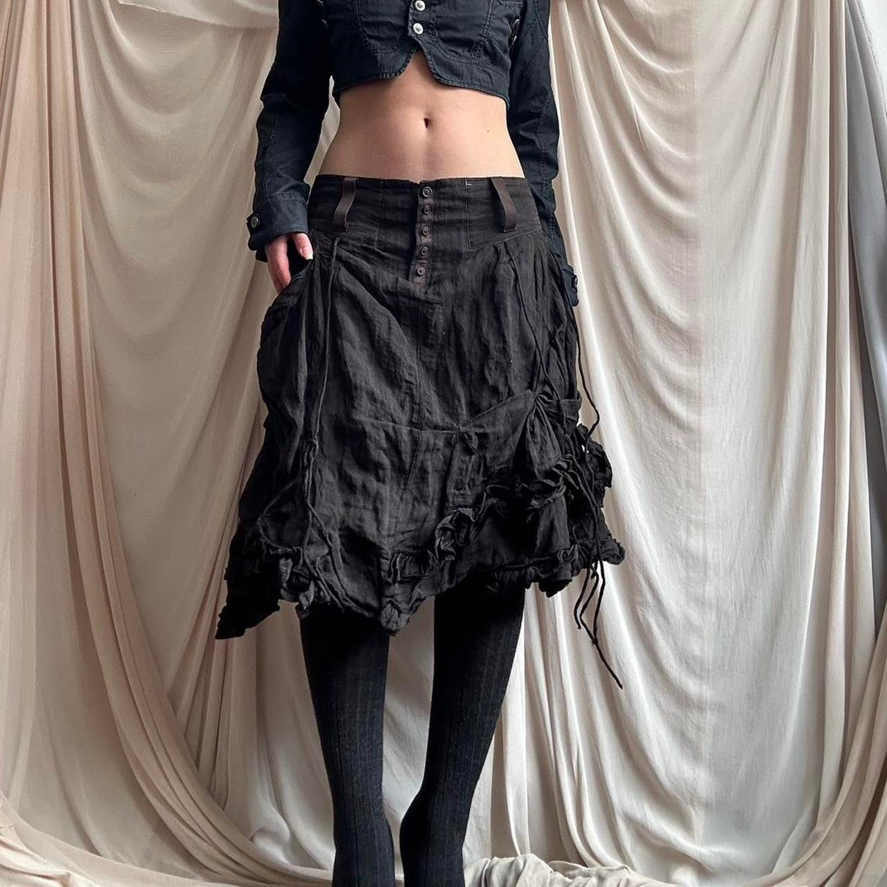 DARK BROWN METAL BLEND SKIRT WITH RUCHED DECONSTRUCTED DETAIL by Marithé + François Girbaud