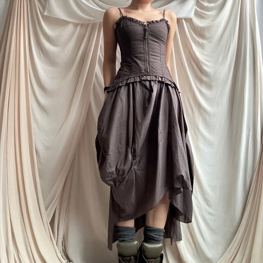 BROWN COTTON CORSET MAXI DRESS WITH DRAPED SKIRT