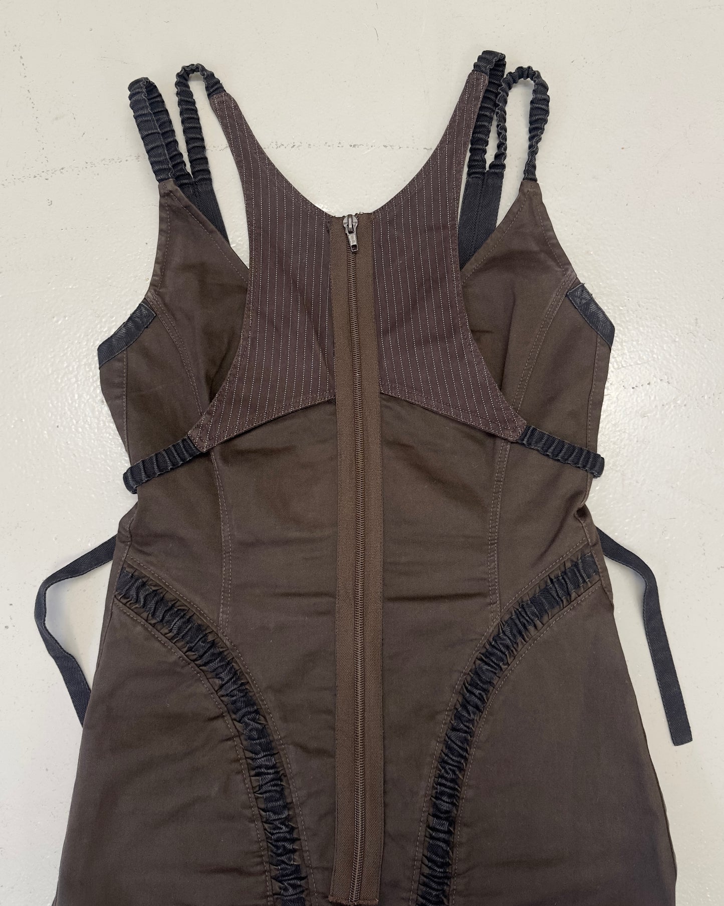 BROWN STRUCTURED MIDI DRESS WITH LAYERED BODICE by Marithé + François Girbaud