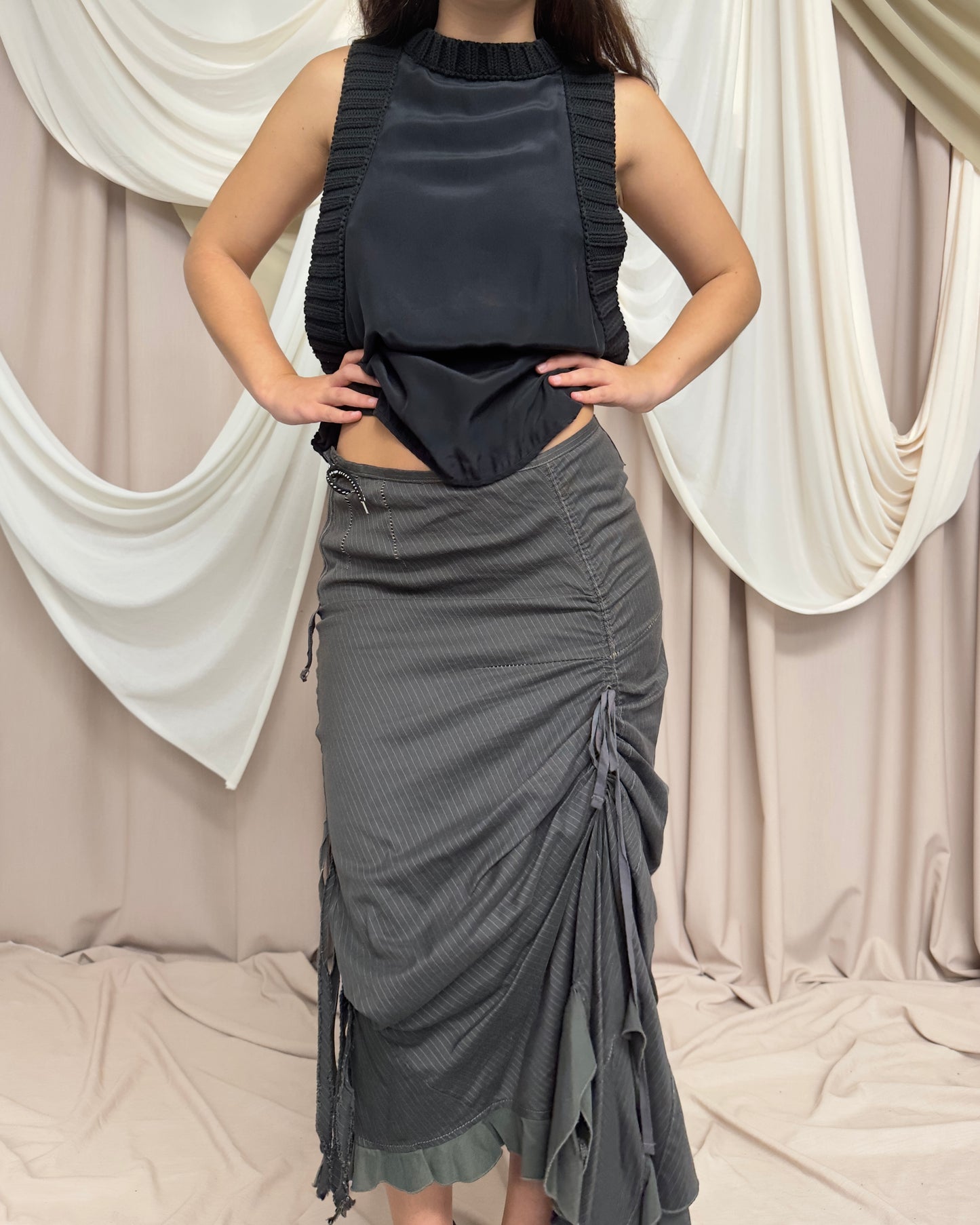 PINSTRIPED PANELLED MAXI SKIRT WITH DRAMATIC RUCHING by Marithé + François Girbaud
