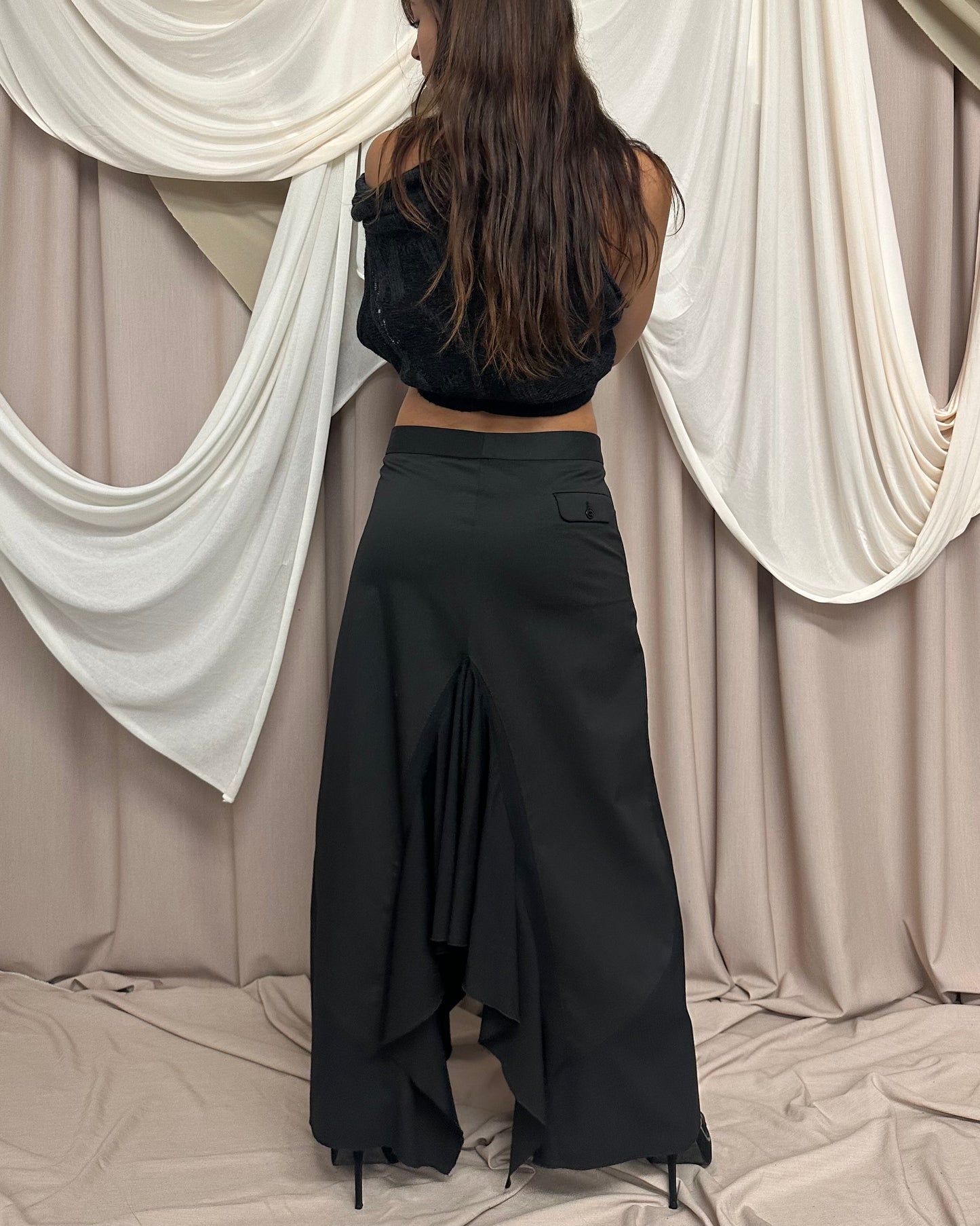 TAILORED MAXI SKIRT WITH DRAMATIC INNER LEG RUFFLE by Marithé + François Girbaud