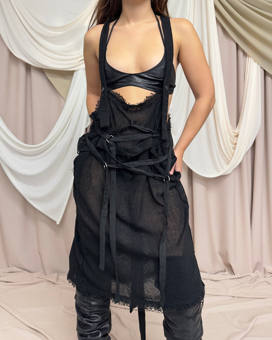 KNIT DRESS WITH DISTRESSED HEMS AND WRAP AROUND UTILITY STRAPS by Limi Feu