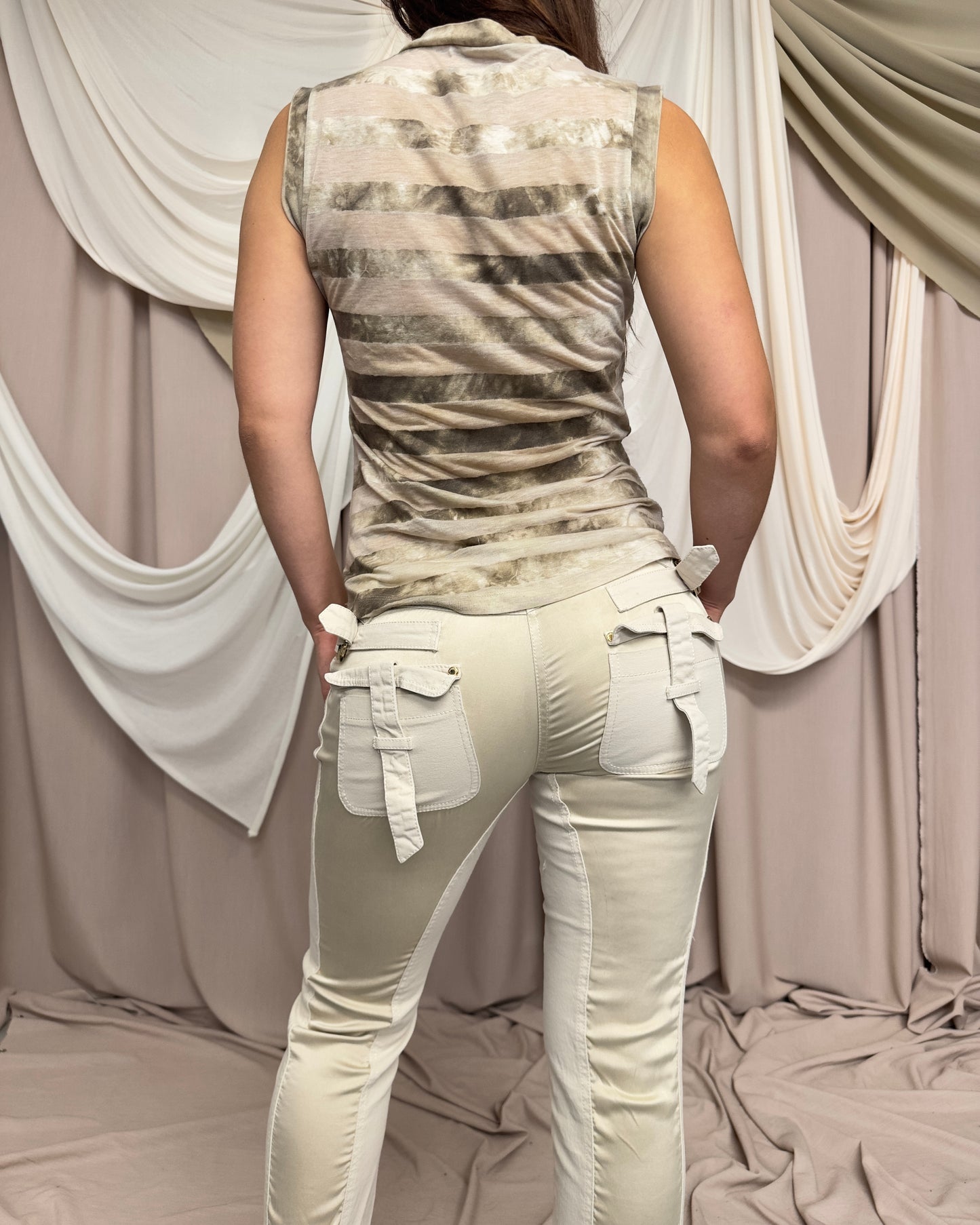 BEIGE STRIPED SEMI SHEER V-NECK T-SHIRT