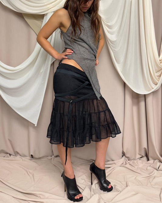 TULLE TIERED MIDI SKIRT WITH UTILITARIAN D-RING DETAILS by John Richmond