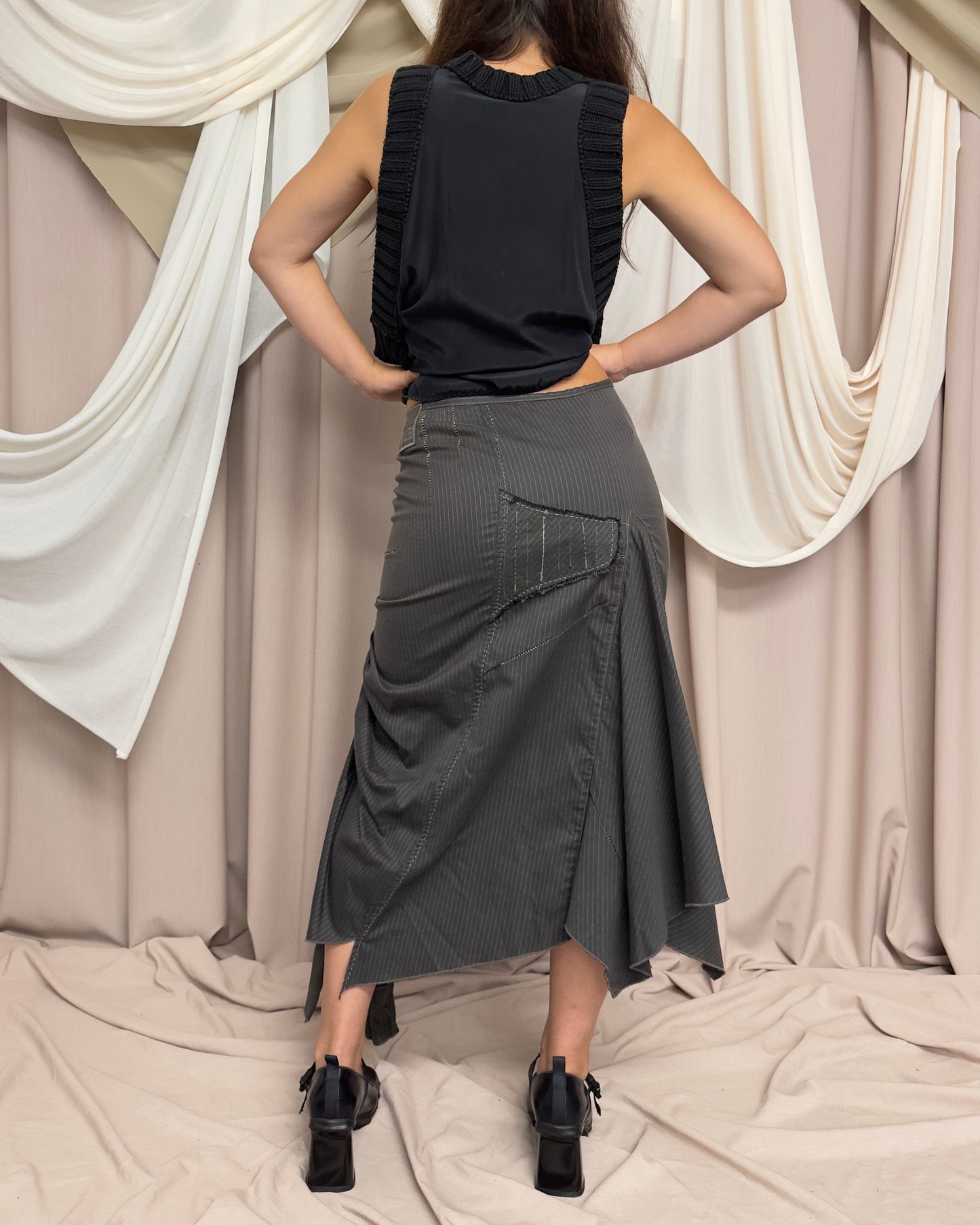 PINSTRIPED PANELLED MAXI SKIRT WITH DRAMATIC RUCHING by Marithé + François Girbaud