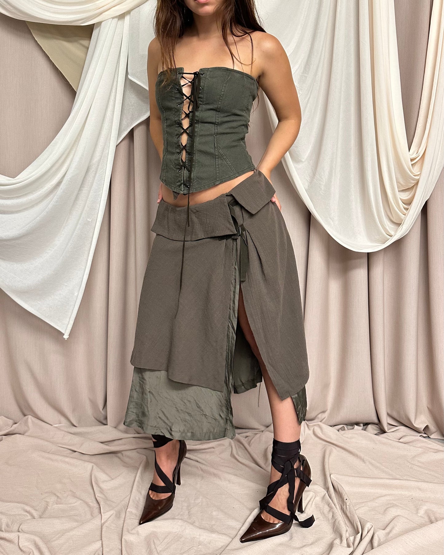 SPLIT FRONT LAYERED AYSMMETRIC KHAKI SKIRT