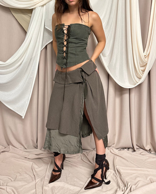 SPLIT FRONT LAYERED AYSMMETRIC KHAKI SKIRT
