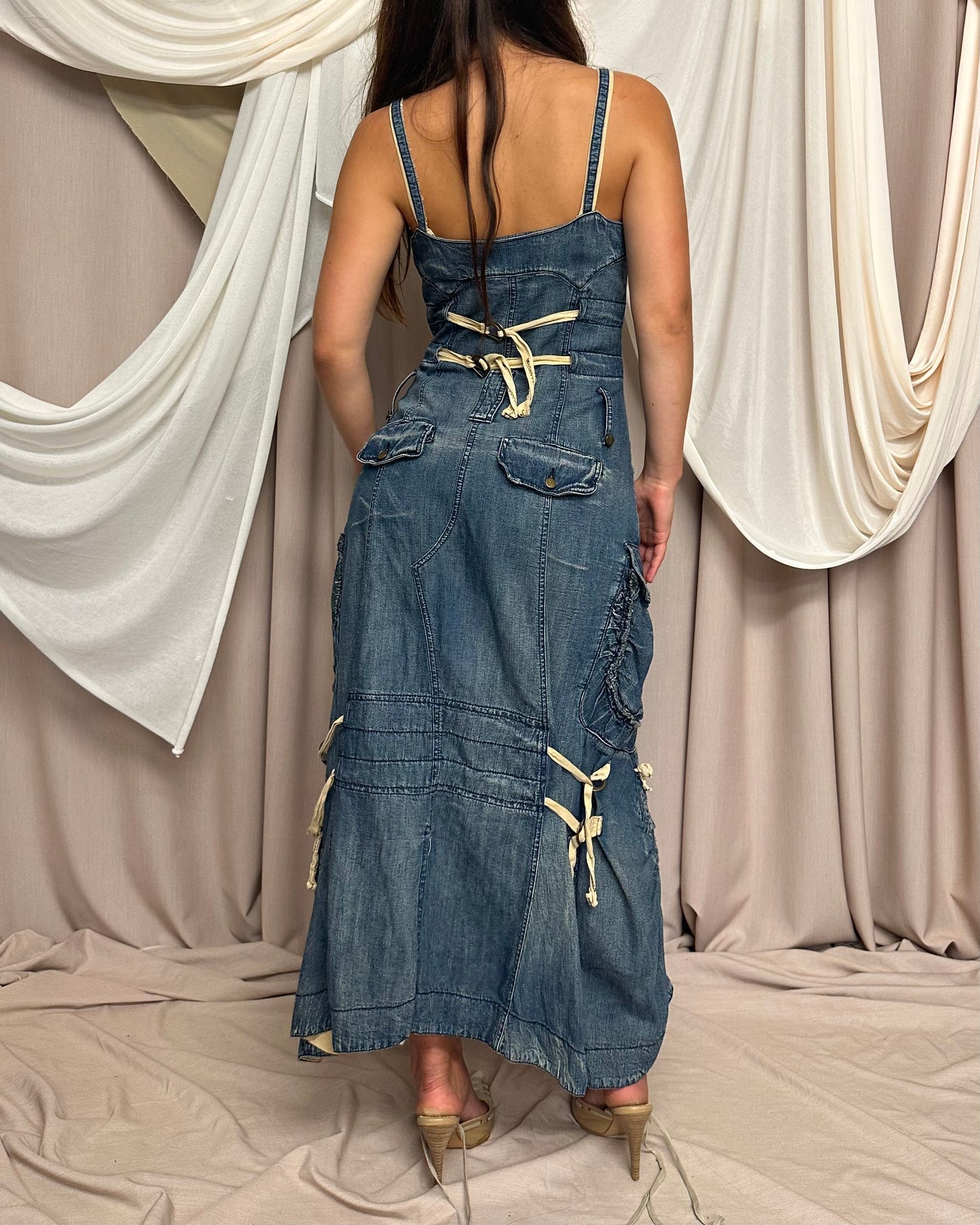 DENIM CARGO STYLE MAXI DRESS WITH UTILITARIAN DETAILS