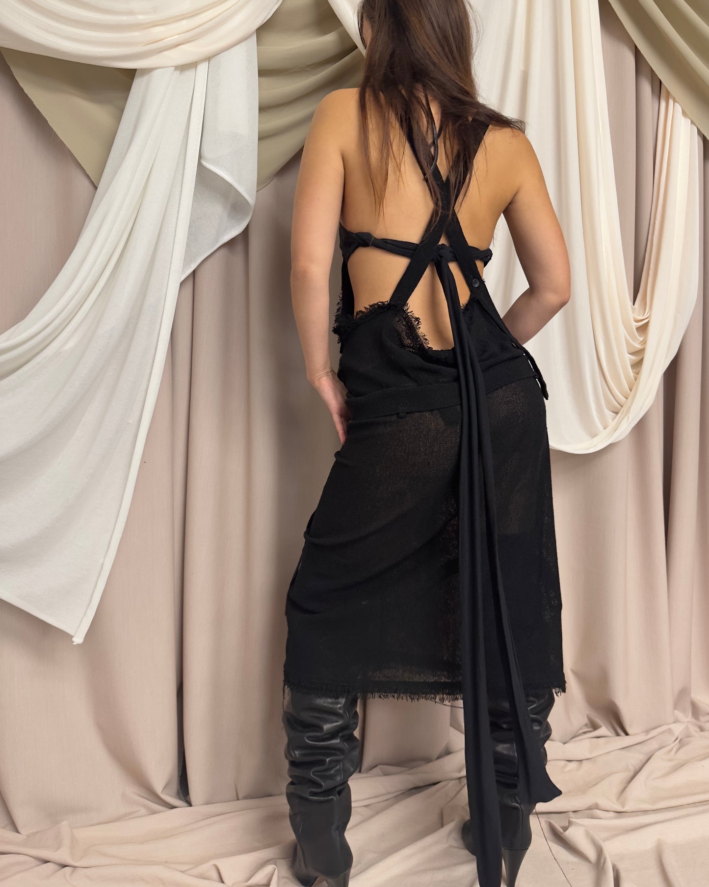 KNIT DRESS WITH DISTRESSED HEMS AND WRAP AROUND UTILITY STRAPS by Limi Feu