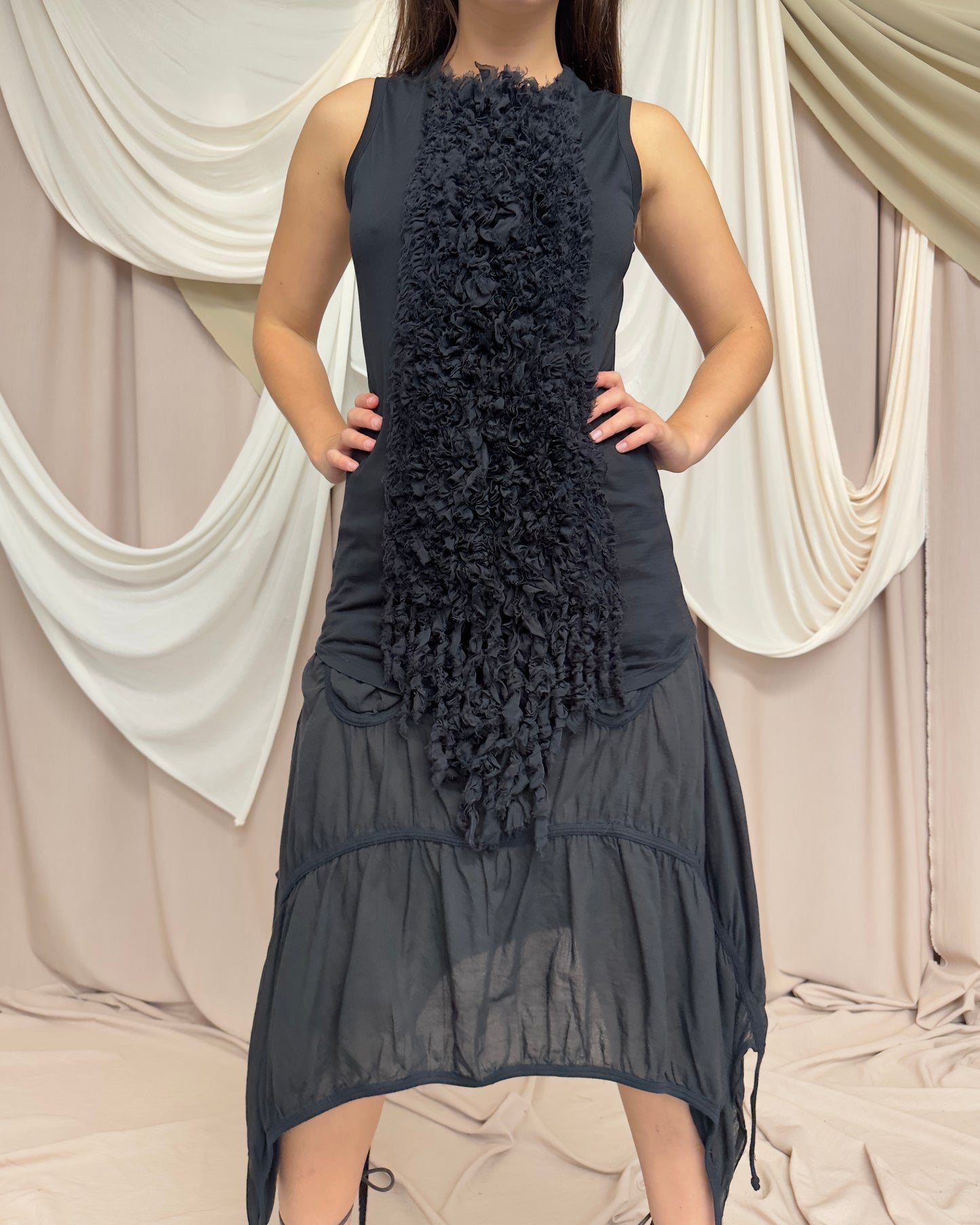 BLACK JERSEY TUNIC WITH DECONSTRUCTED SILK RUFFLE APPLIQUÉ