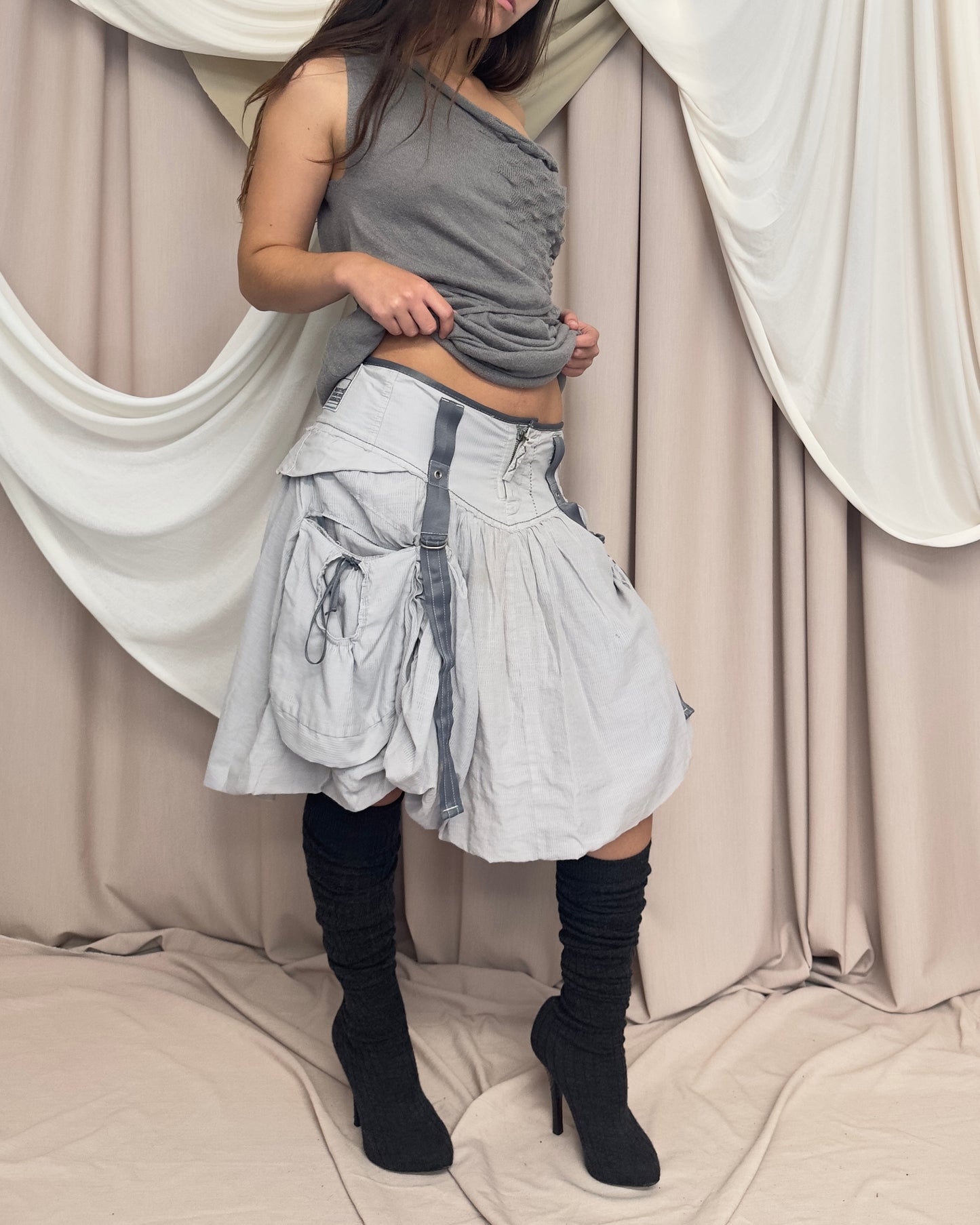 COTTON RUCHED BUBBLE SKIRT WITH UTILITARIAN DETAILS by Marithé + François Girbaud
