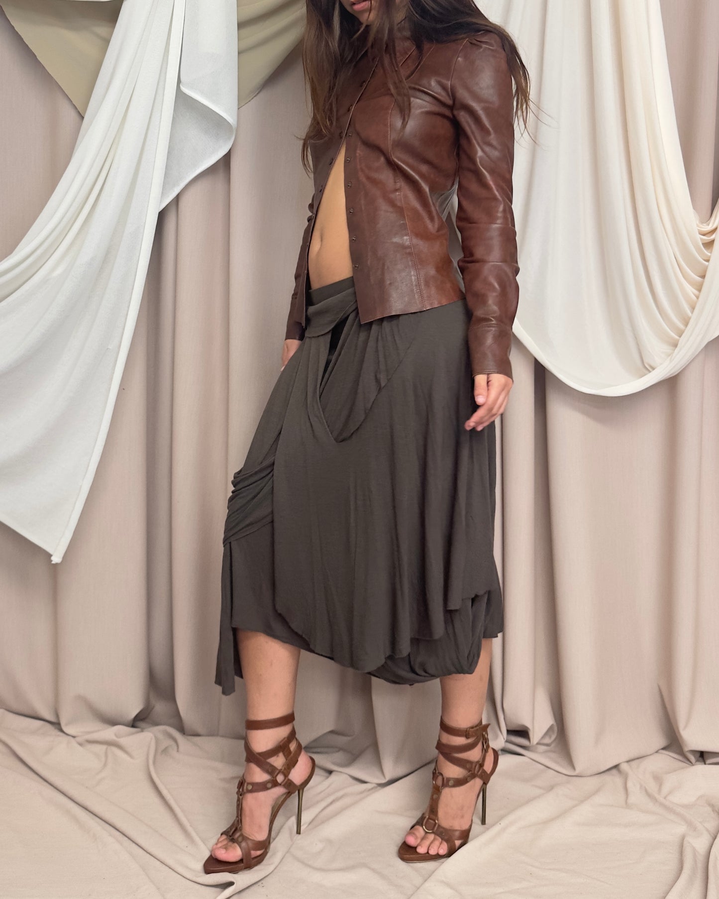 SOFT DRAPE JERSEY MIDI SKIRT WITH POINTED ASYMMETRICAL HEMS