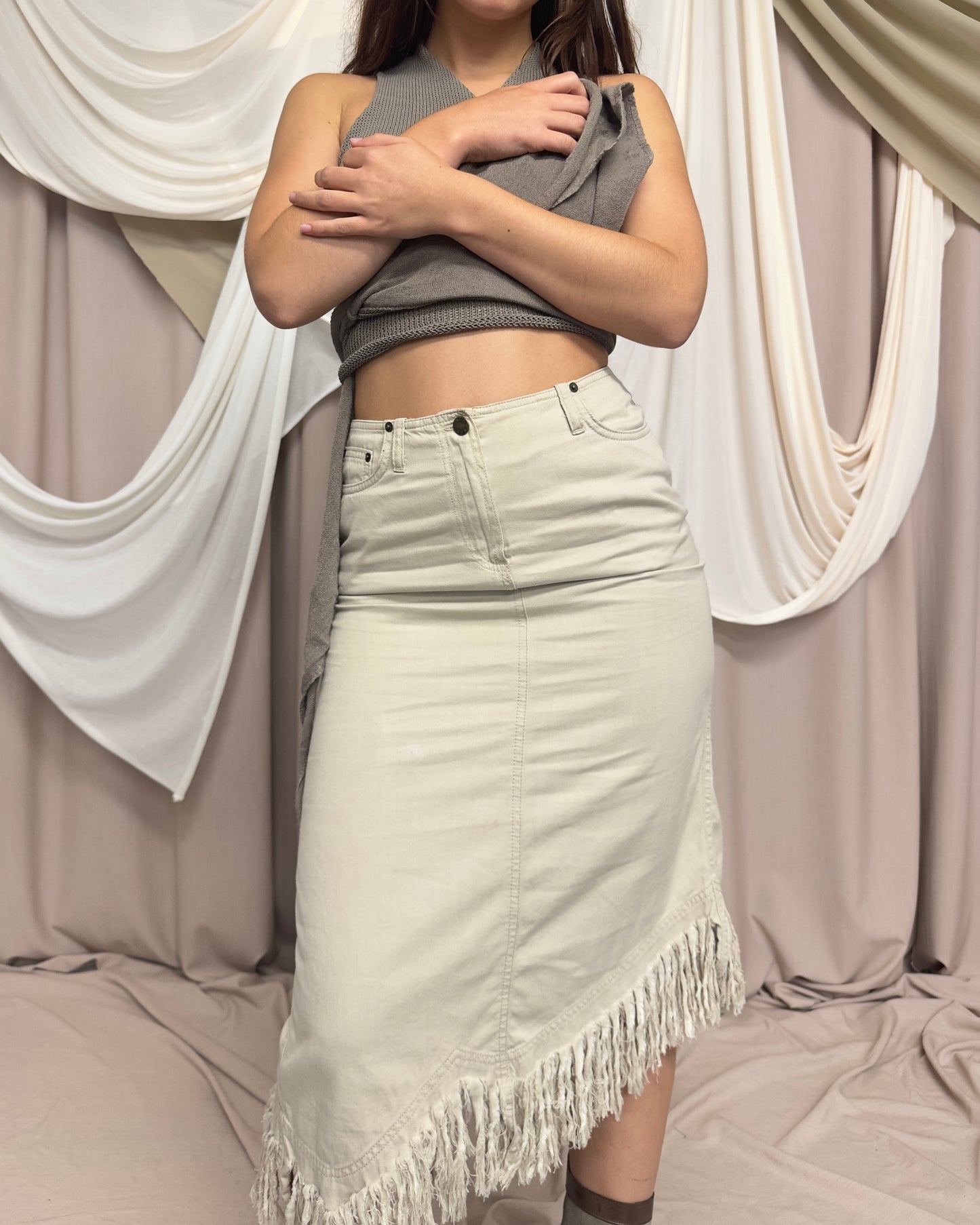 BEIGE ASYMMETRICAL FRINGE MIDI SKIRT by Plein Sud