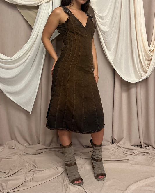 WASHED BROWN FITTED DENIM DRESS WITH CORSET BACK CLOSURE by Diesel
