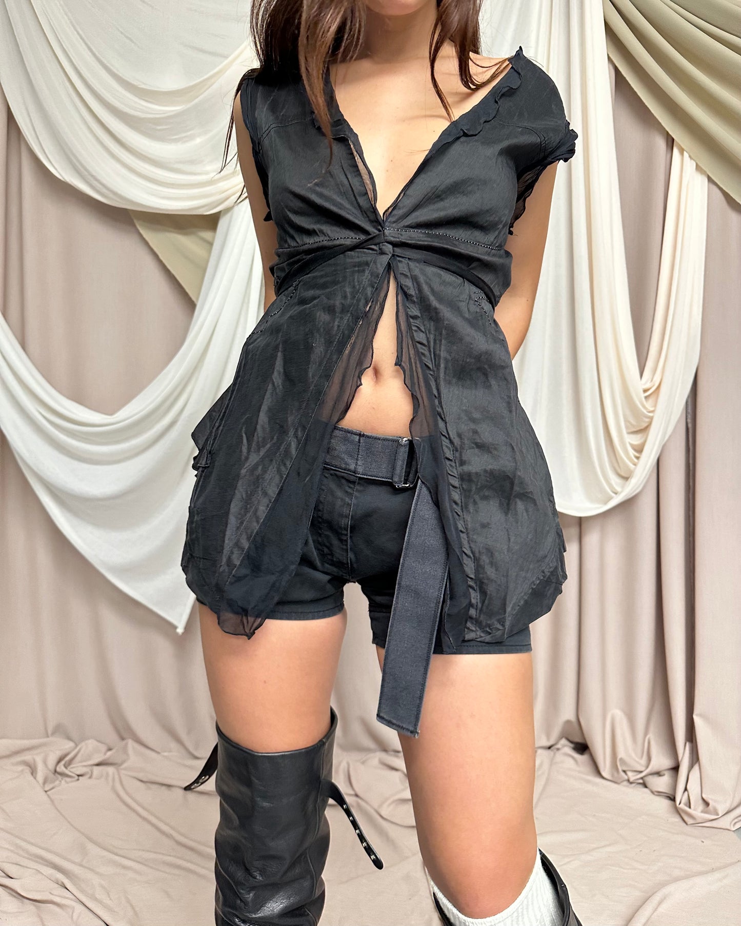 TIE FRONT LINEN BLOUSE WITH RUFFLED PANELS AND SILK TRIM by Marithé + François Girbaud