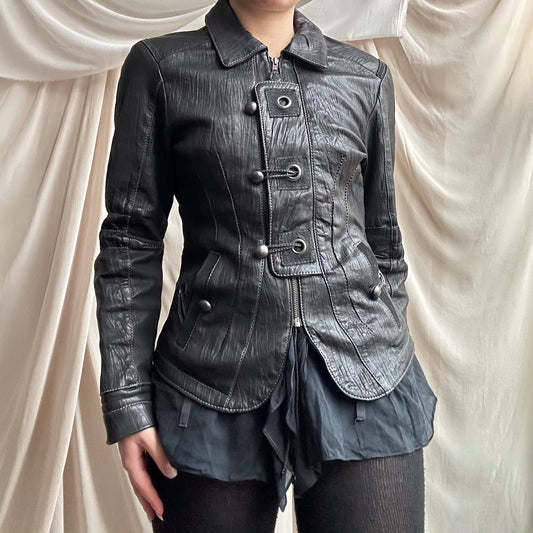 TEXTURED BLACK LEATHER MILITARY CORSET JACKET by Et Compagnie