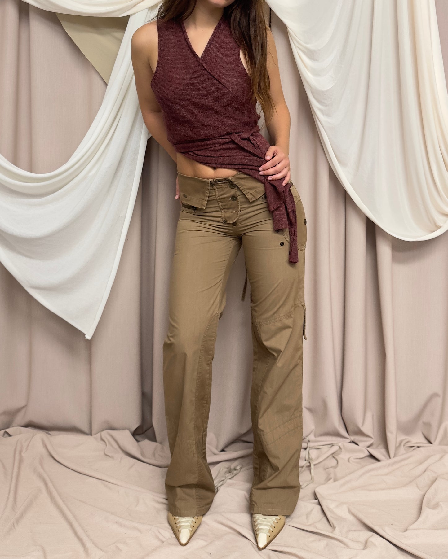 TAN STRAIGHT LEG TROUSERS WITH MILITARY STYLE DETAILS